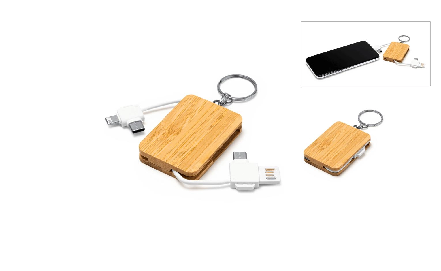Immagine PORTACHIAVI IN BAMBOO CON CAVO DI RICARICA E MICRO USB