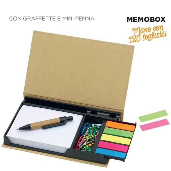 Immagine MEMOBOX CON FOGLIETTI, GRAFFETTE, POST-IT E PENNA MINI personalizzato