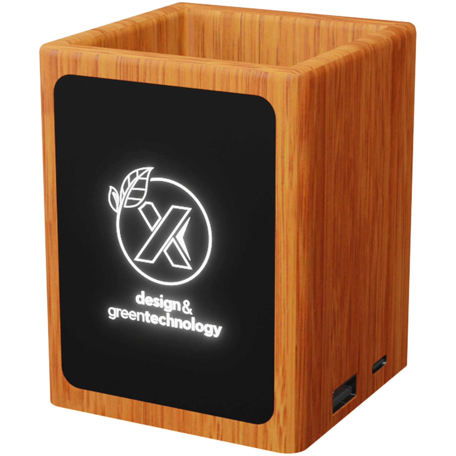 Immagine Portamatite in legno con logo luminoso e doppia uscita USB SCX.design O12