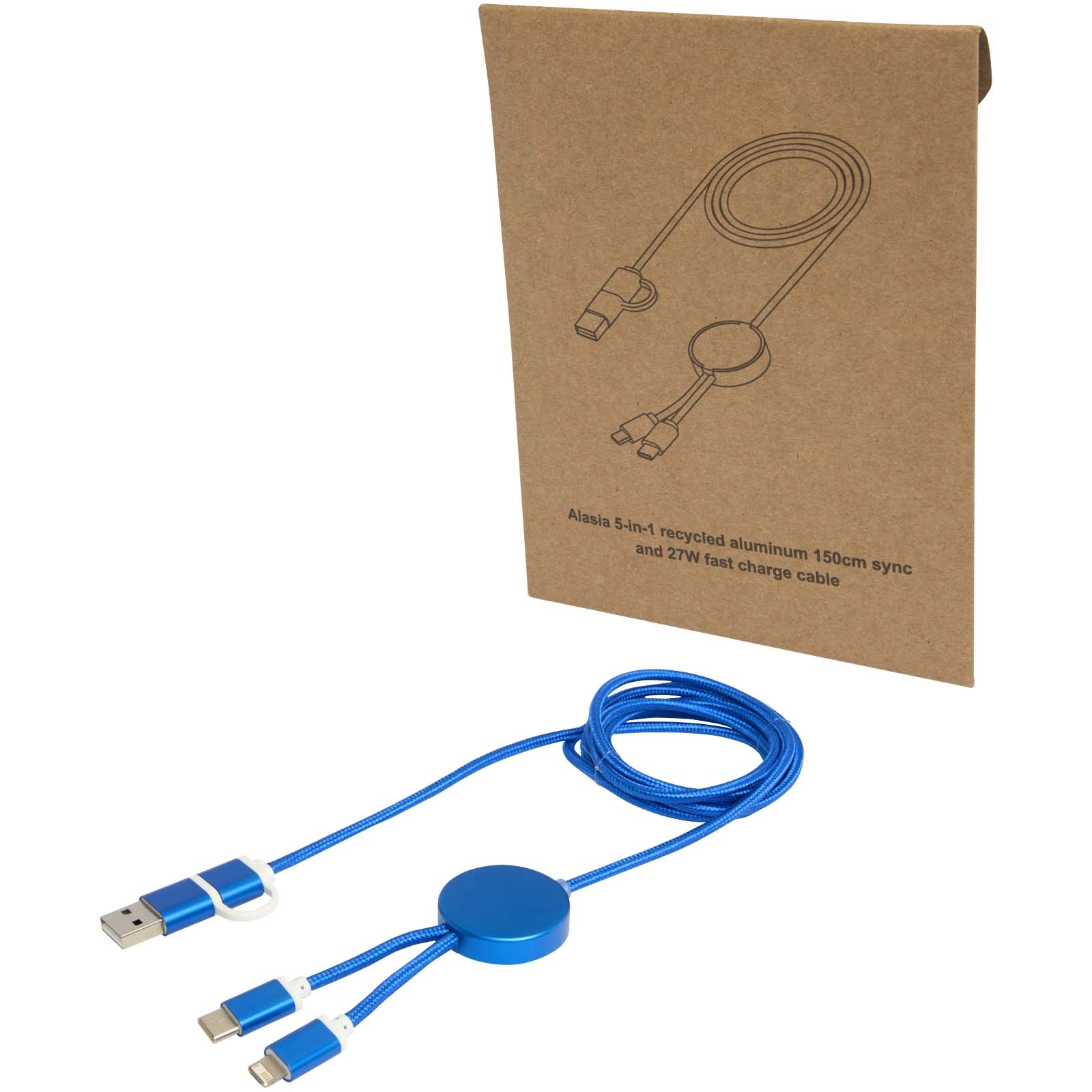 Immagine Cavo 5-in-1 in alluminio e plastica riciclata da 150 cm per la sincronizzazione dei dati e la ricarica rapida da 27 W Alasia