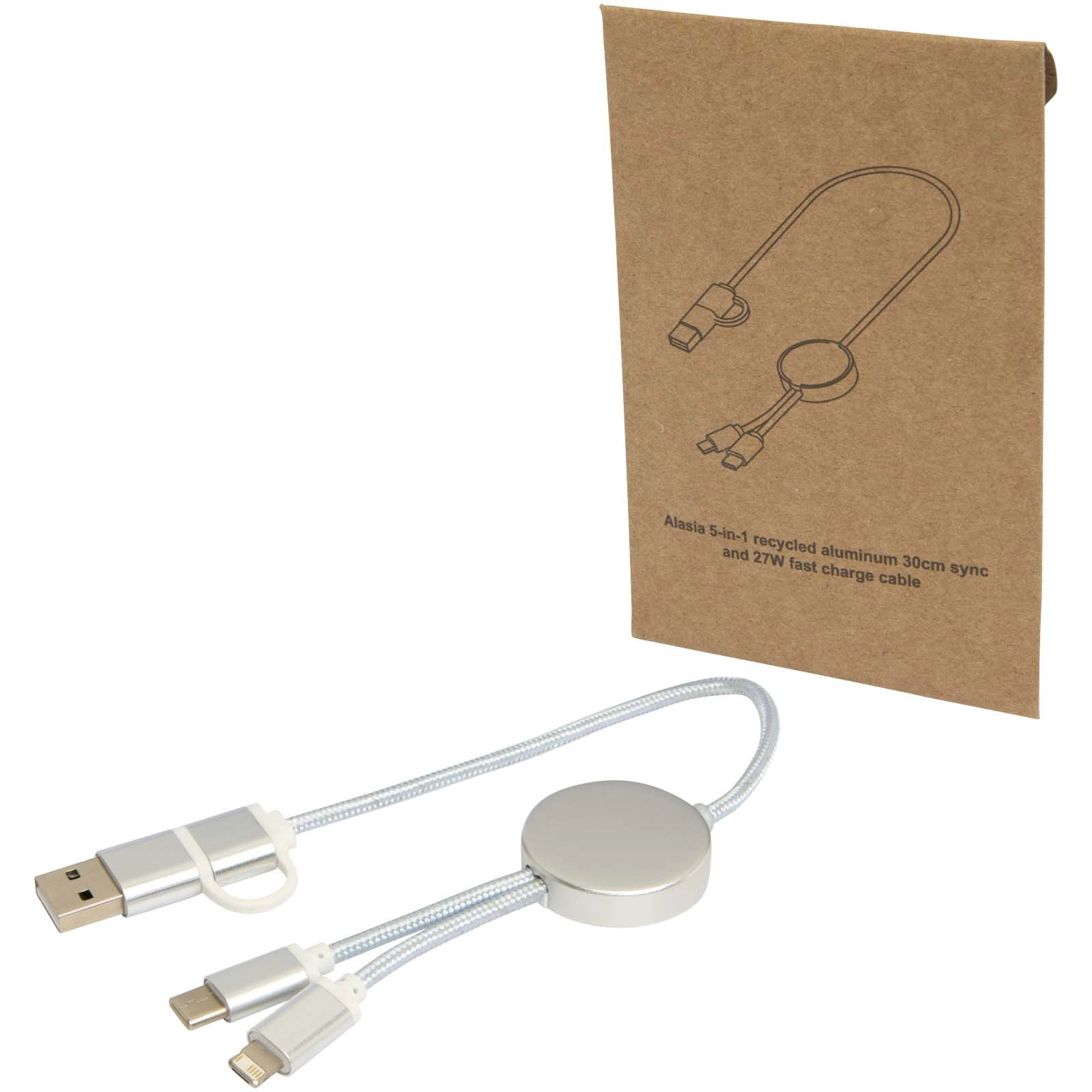 Immagine Cavo 5-in-1 in alluminio e plastica riciclata da 30 cm per la sincronizzazione dei dati e la ricarica rapida da 27 W Alasia