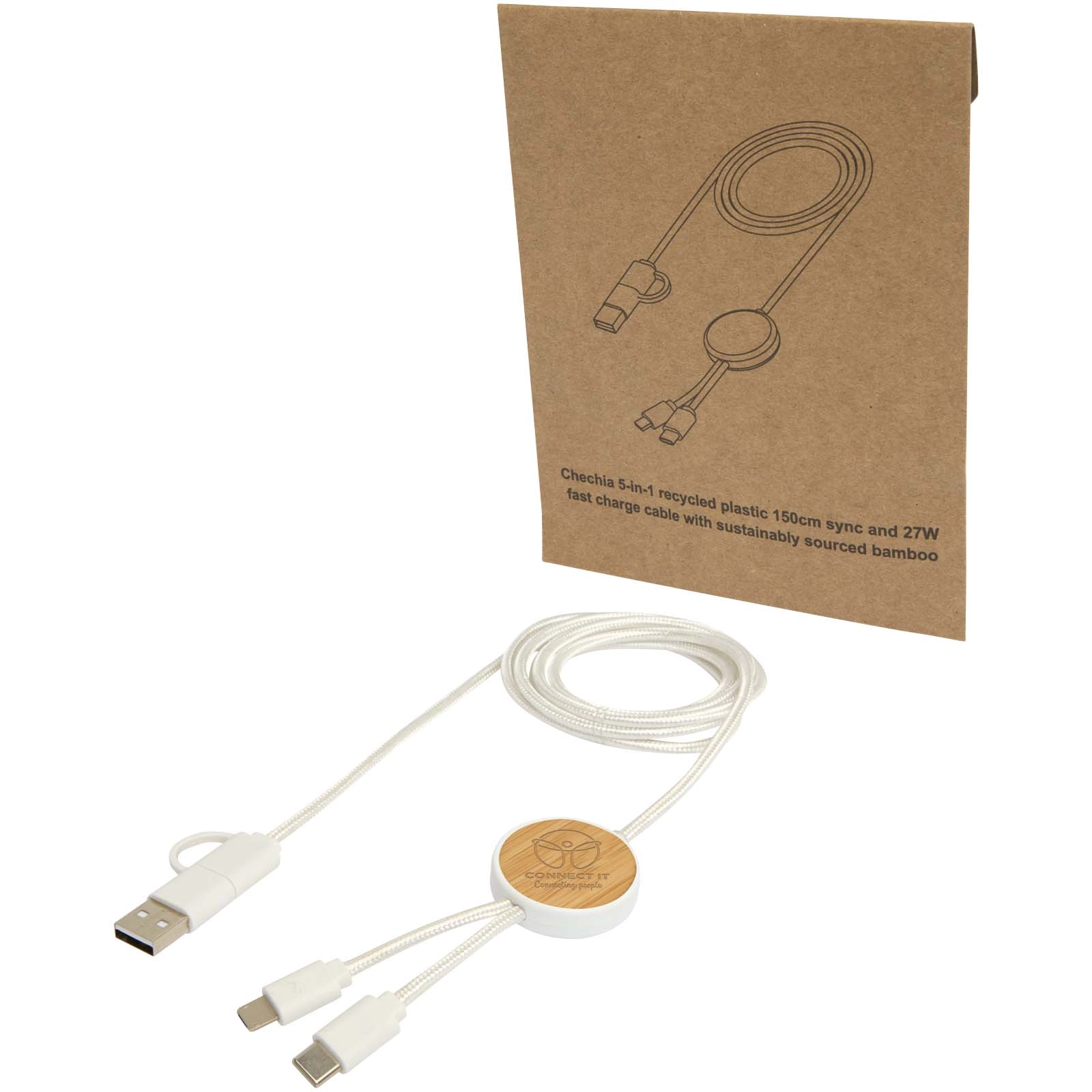 Immagine Cavo 5-in-1 in plastica riciclata da 150 cm per la sincronizzazione dei dati e la ricarica rapida da 27 W con dettagli in bambù Chechia