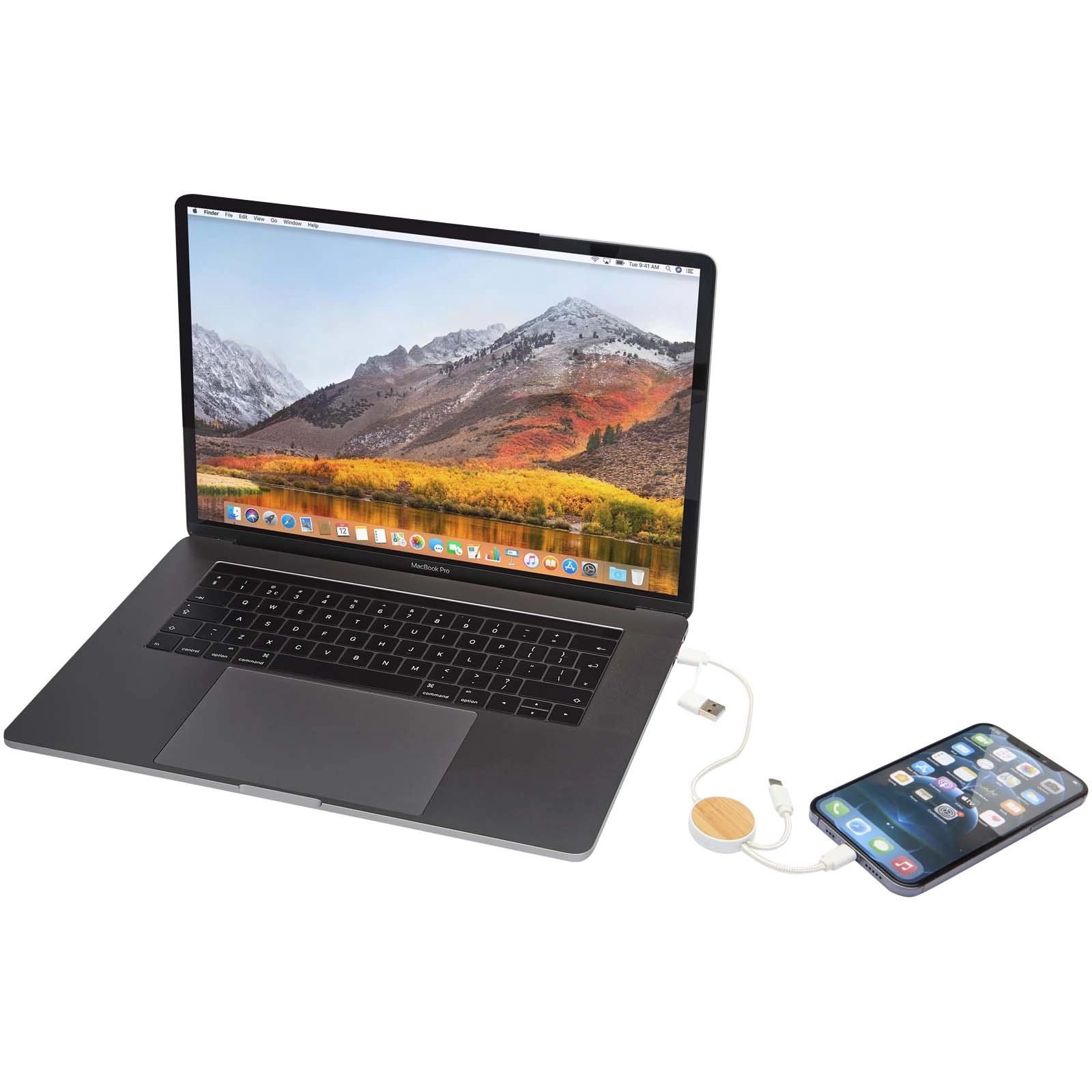 Immagine Cavo 5-in-1 in plastica riciclata da 30 cm per la sincronizzazione dei dati e la ricarica rapida da 27 W con dettagli in bambù Chechia