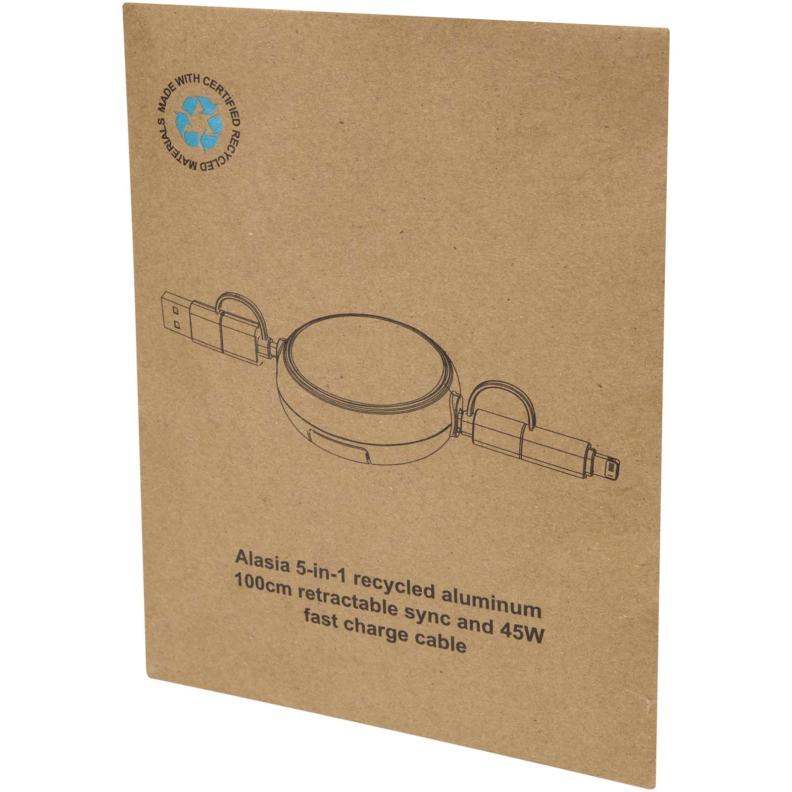 Immagine Cavo retrattile 5 in 1 da 100 cm in plastica riciclata e alluminio per la sincronizzazione dei dati e la ricarica rapida da 45 W Alasia