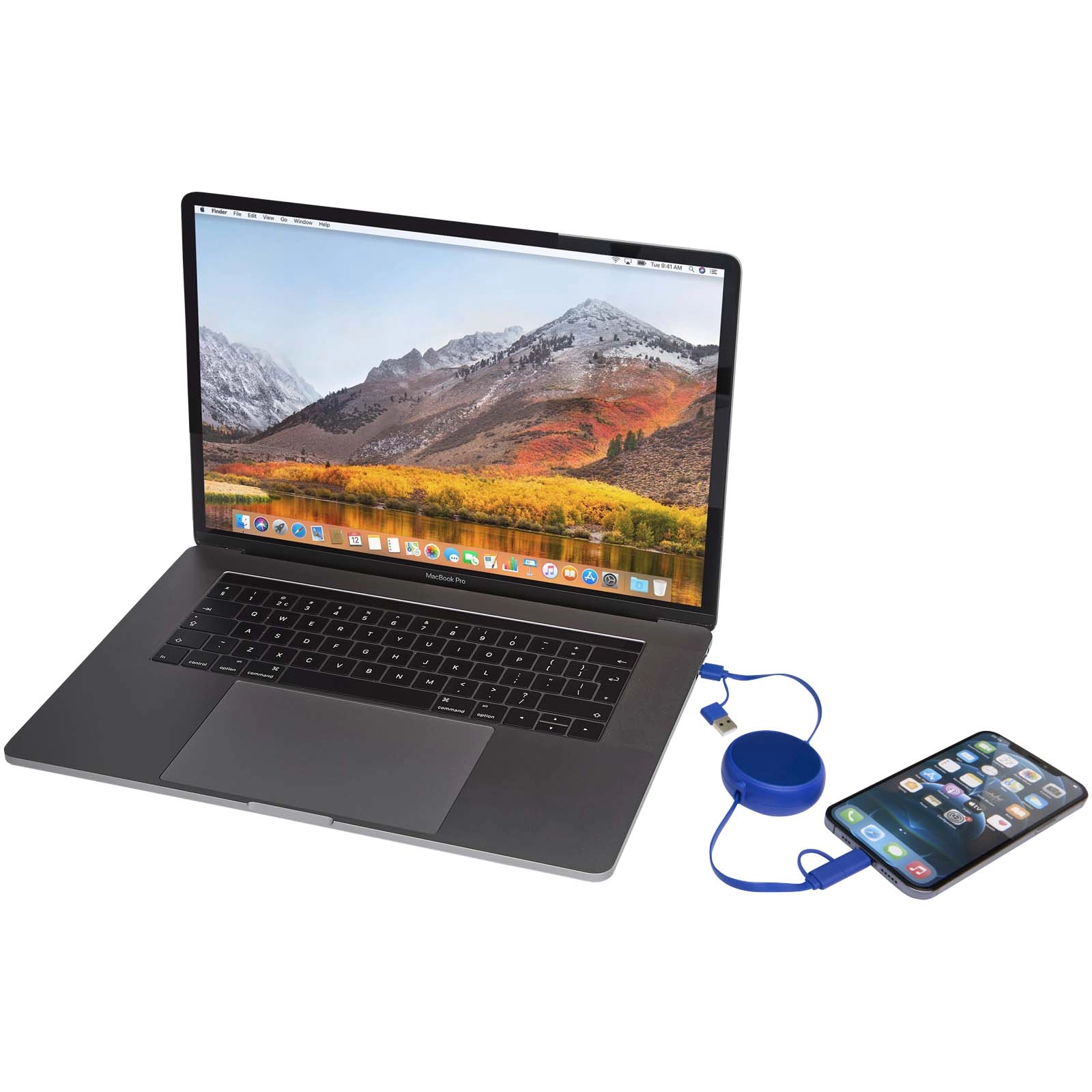 Immagine Cavo retrattile 5 in 1 da 100 cm in plastica riciclata e alluminio per la sincronizzazione dei dati e la ricarica rapida da 45 W Alasia