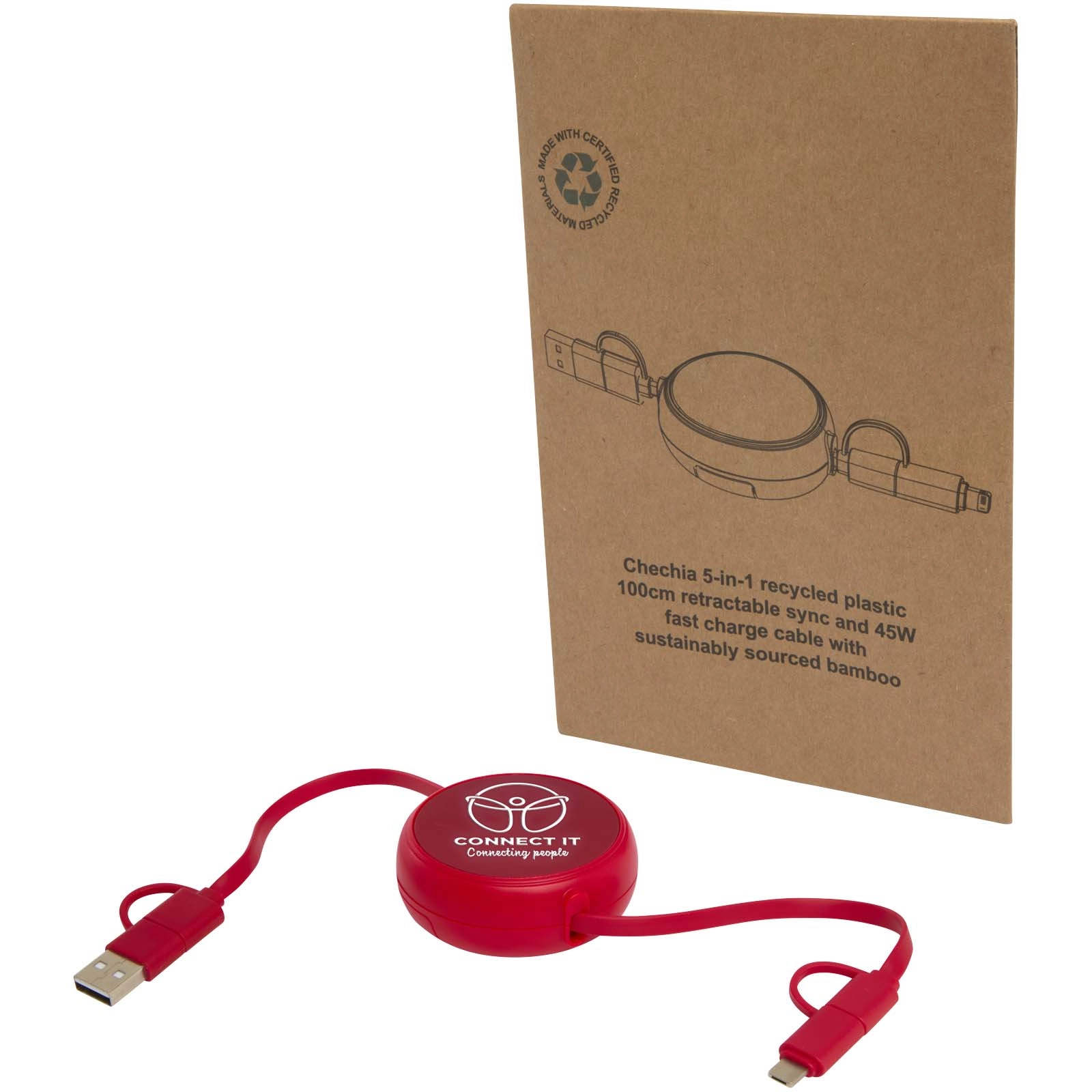 Immagine Cavo retrattile 5 in 1 da 100 cm in plastica riciclata e alluminio per la sincronizzazione dei dati e la ricarica rapida da 45 W Alasia