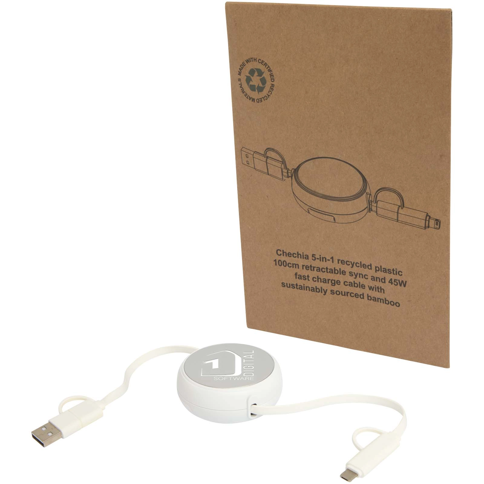 Immagine Cavo retrattile 5 in 1 da 100 cm in plastica riciclata e alluminio per la sincronizzazione dei dati e la ricarica rapida da 45 W Alasia