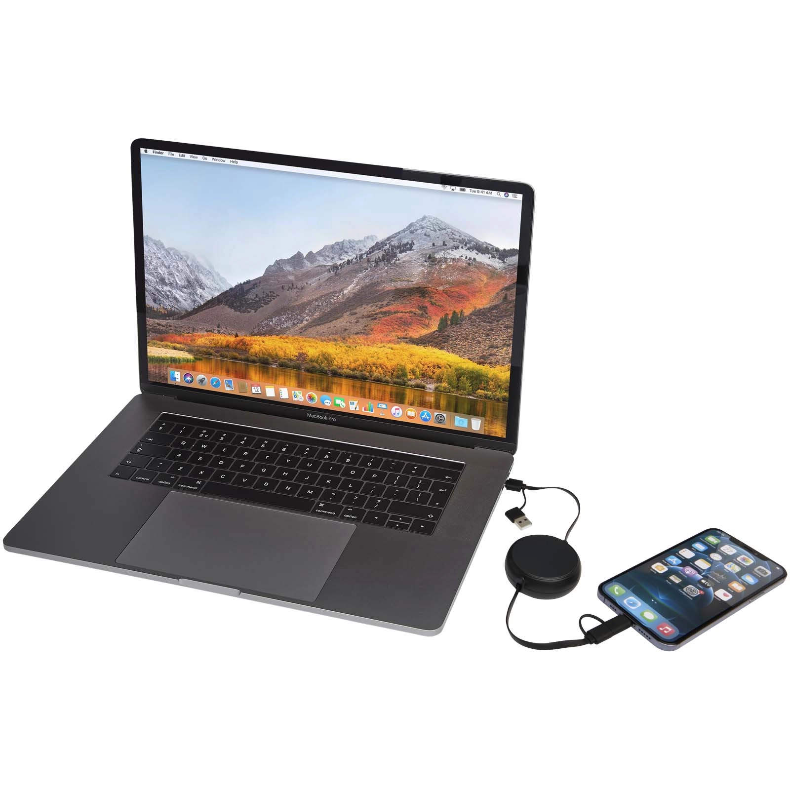 Immagine Cavo retrattile 5 in 1 da 100 cm in plastica riciclata e alluminio per la sincronizzazione dei dati e la ricarica rapida da 45 W Alasia