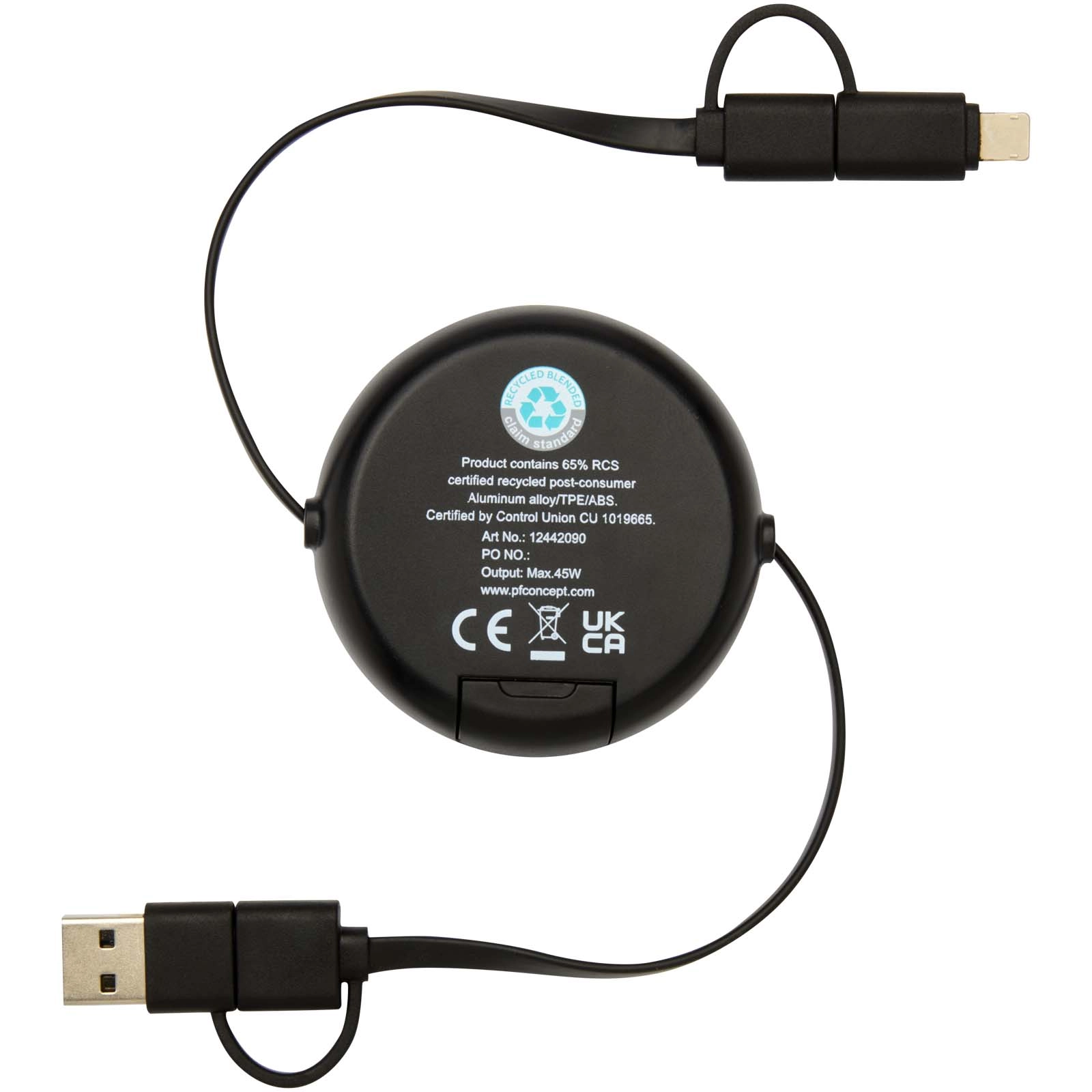 Immagine Cavo retrattile 5 in 1 da 100 cm in plastica riciclata e alluminio per la sincronizzazione dei dati e la ricarica rapida da 45 W Alasia