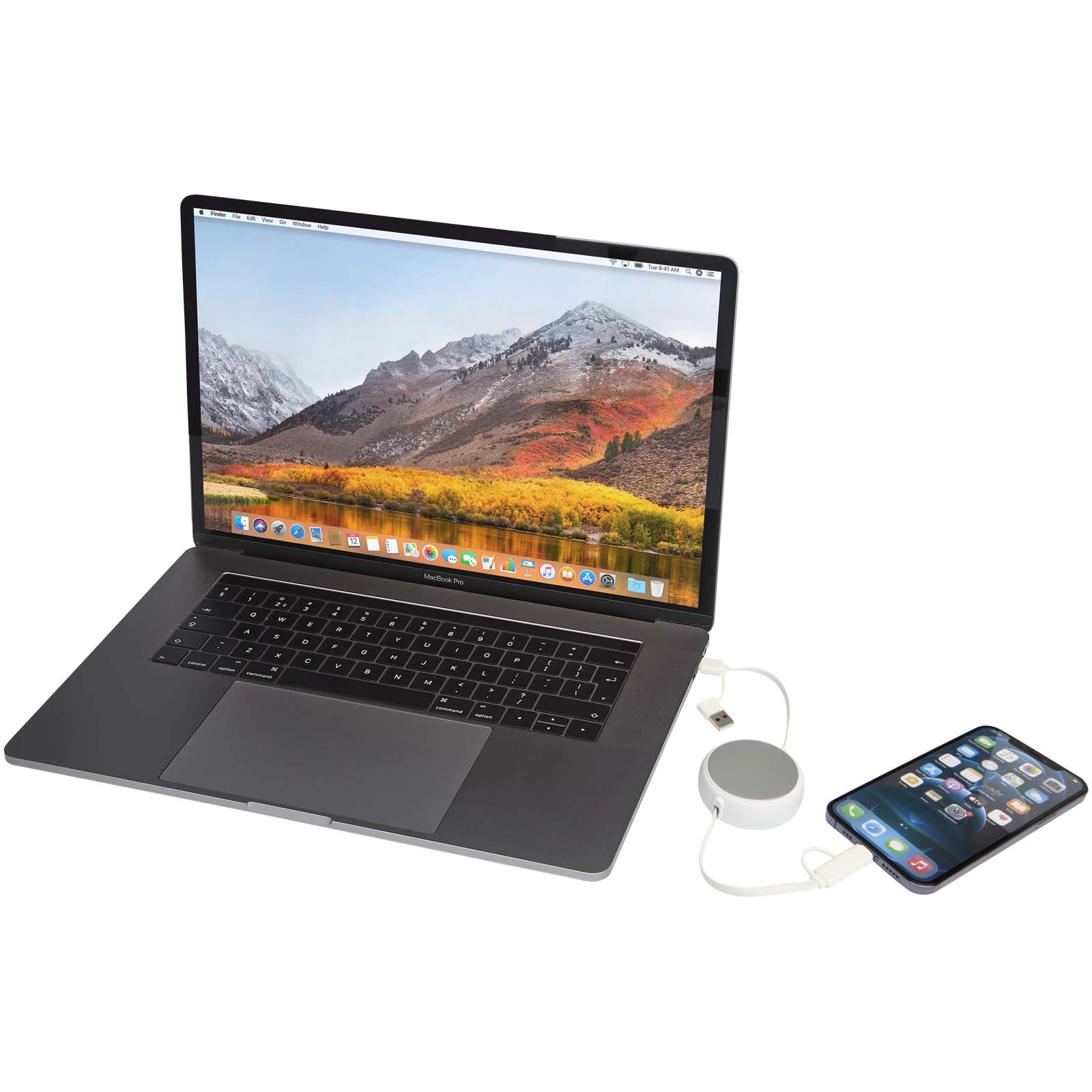 Immagine Cavo retrattile 5 in 1 da 100 cm in plastica riciclata e alluminio per la sincronizzazione dei dati e la ricarica rapida da 45 W Alasia