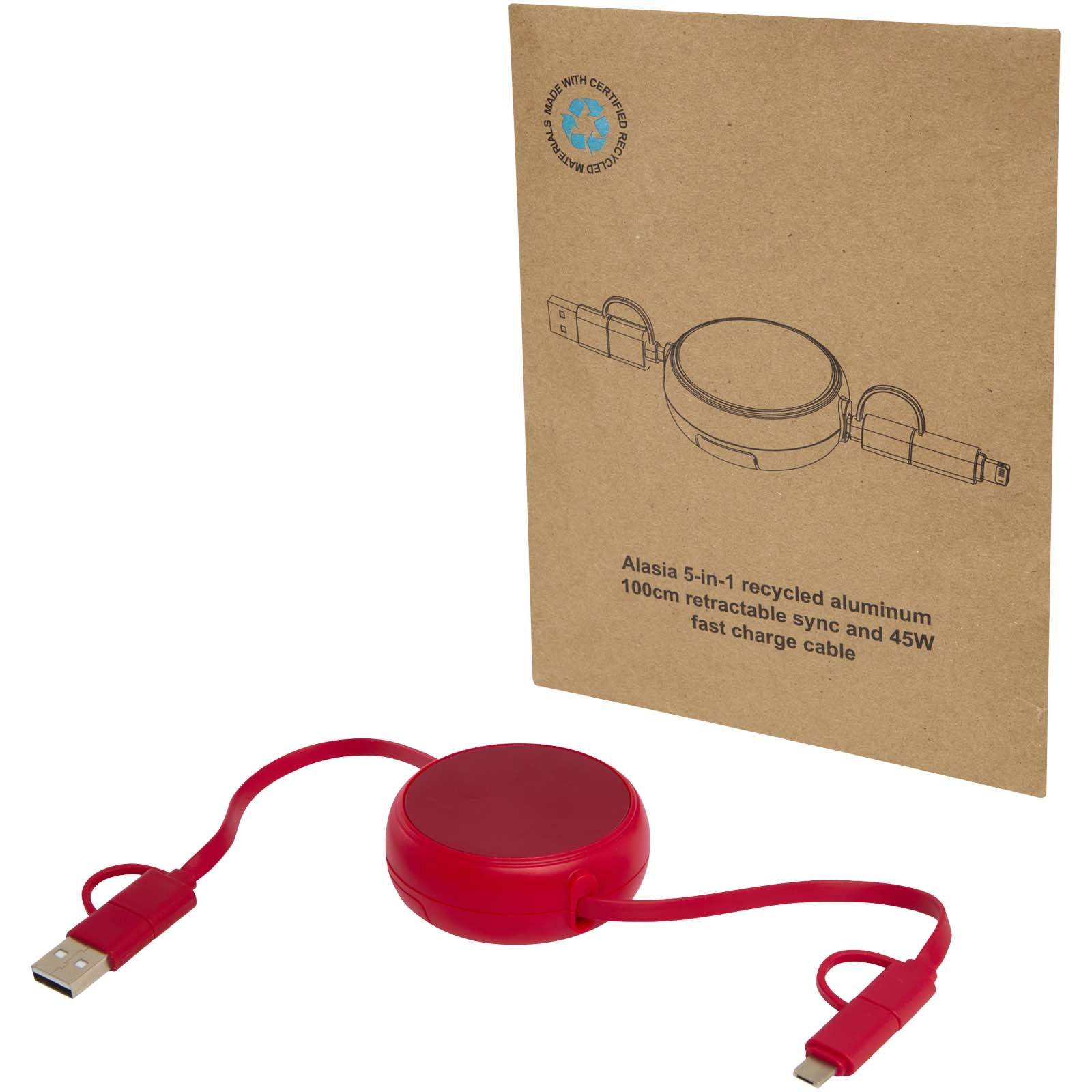 Immagine Cavo retrattile 5 in 1 da 100 cm in plastica riciclata e alluminio per la sincronizzazione dei dati e la ricarica rapida da 45 W Alasia