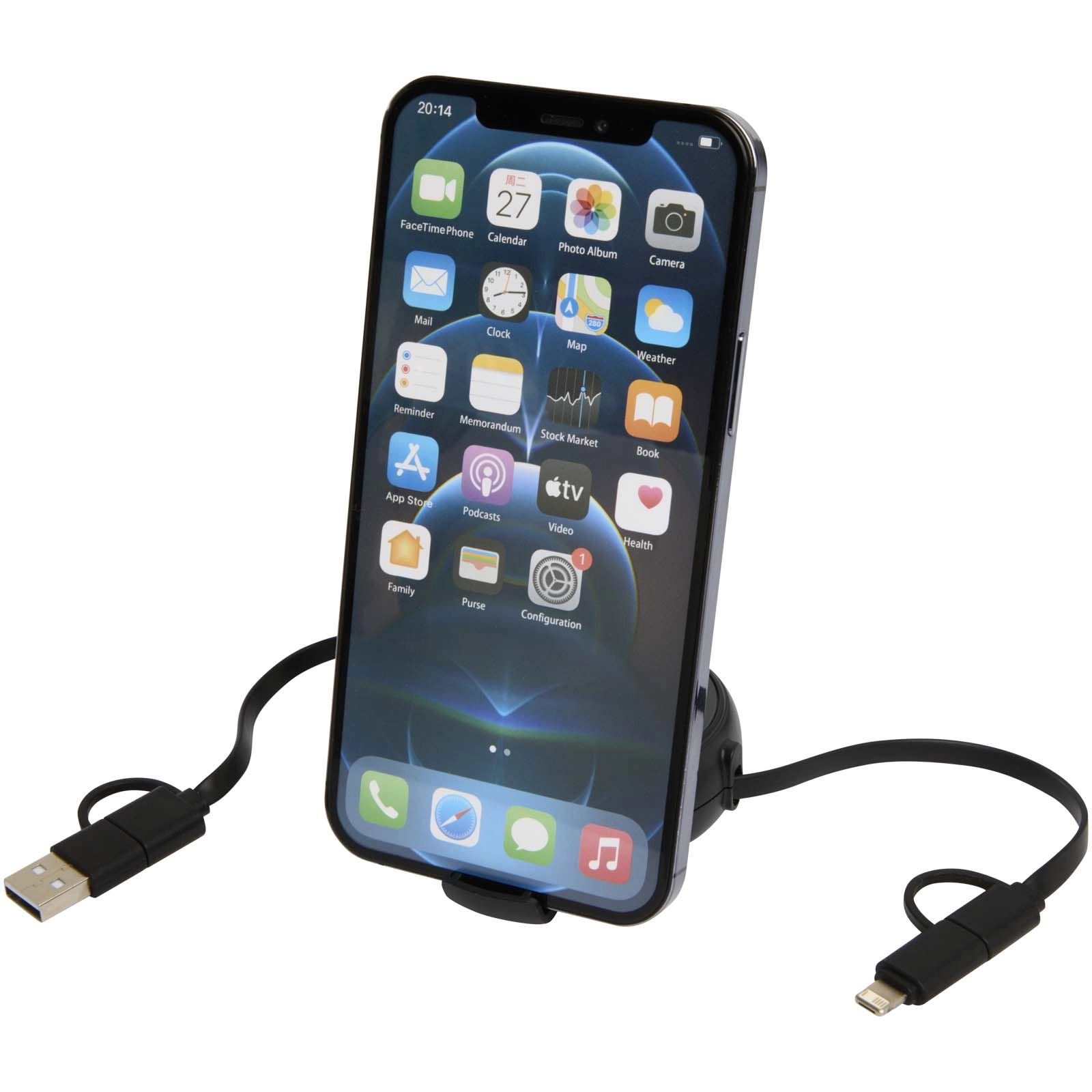 Immagine Cavo retrattile 5 in 1 da 100 cm in plastica riciclata e alluminio per la sincronizzazione dei dati e la ricarica rapida da 45 W Alasia