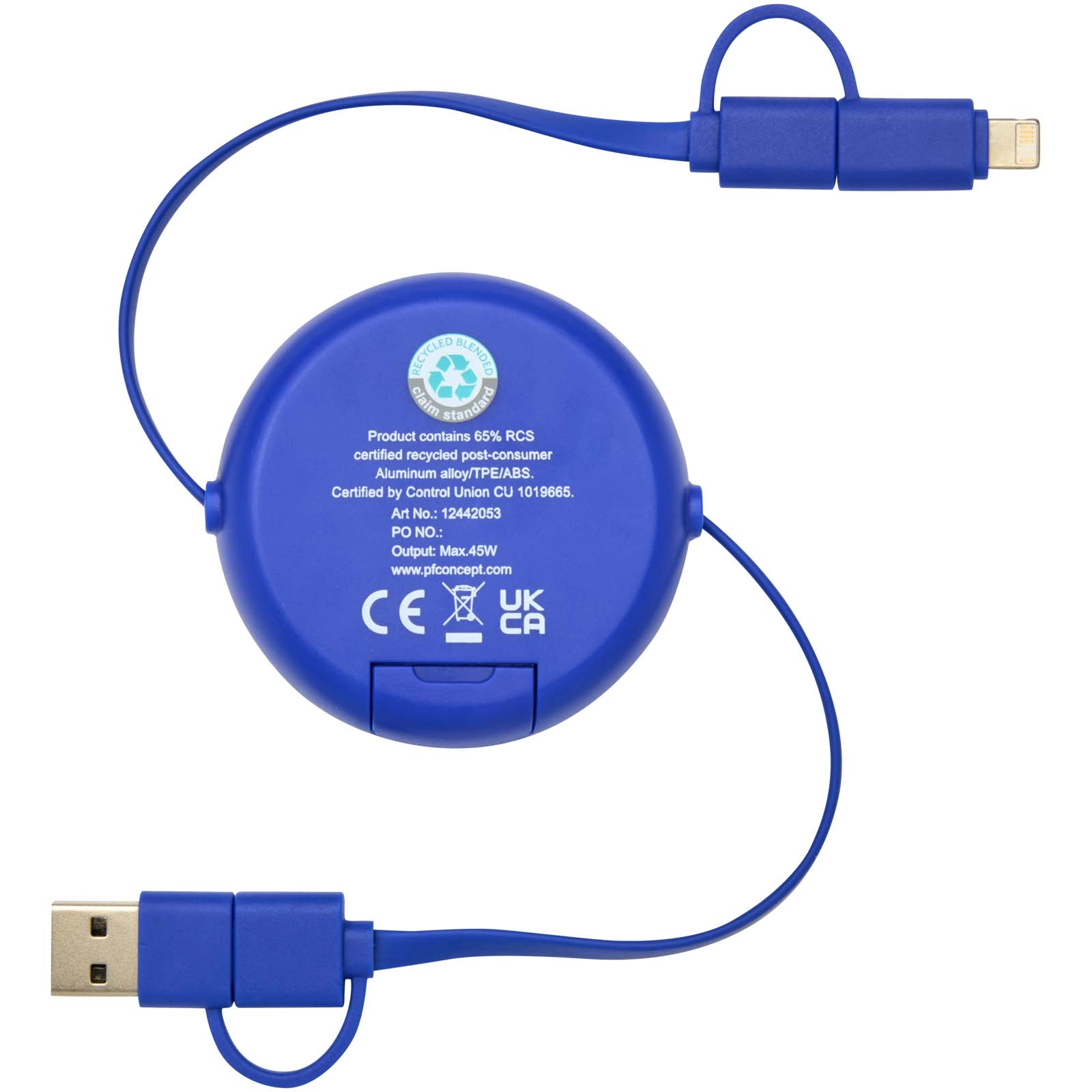 Immagine Cavo retrattile 5 in 1 da 100 cm in plastica riciclata e alluminio per la sincronizzazione dei dati e la ricarica rapida da 45 W Alasia