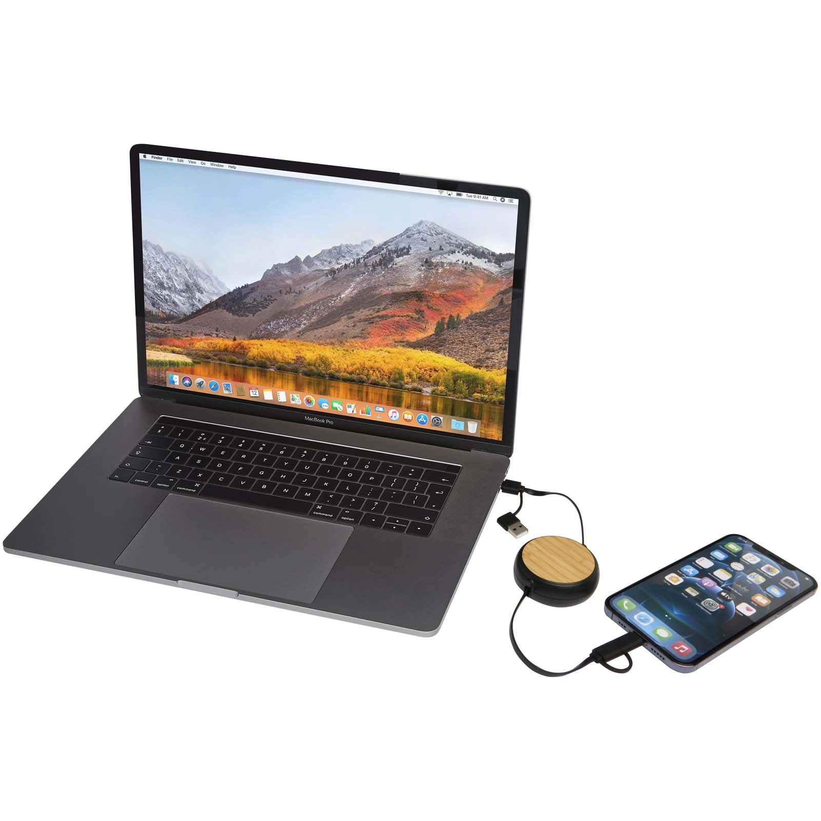 Immagine Cavo retrattile 5 in 1 in plastica riciclata da 100 cm per la sincronizzazione dei dati e la ricarica rapida da 45 W con dettagli in bambù Chechia