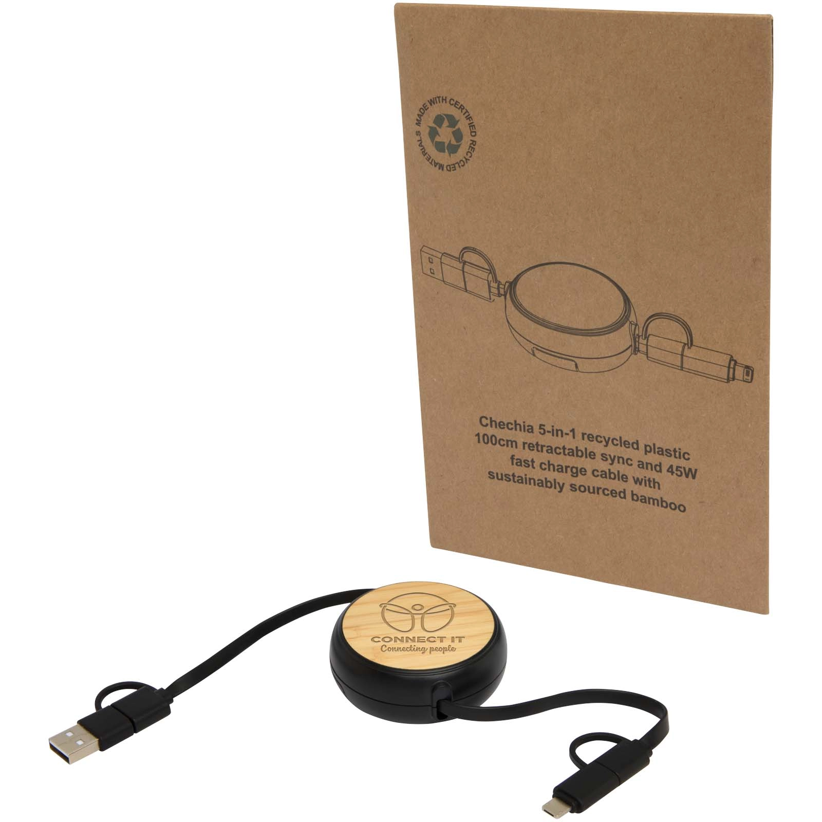 Immagine Cavo retrattile 5 in 1 in plastica riciclata da 100 cm per la sincronizzazione dei dati e la ricarica rapida da 45 W con dettagli in bambù Chechia