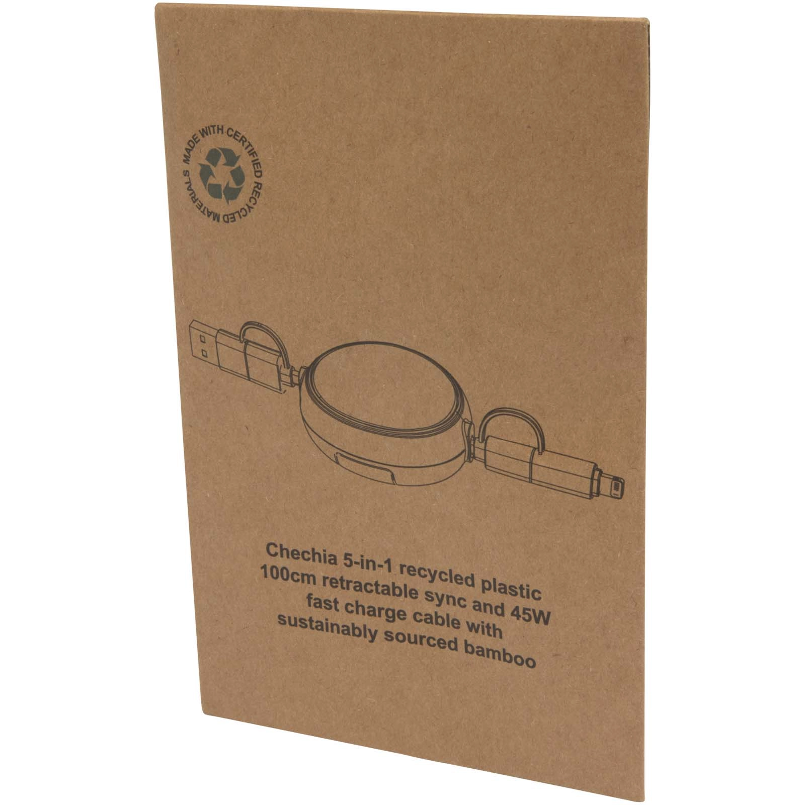 Immagine Cavo retrattile 5 in 1 in plastica riciclata da 100 cm per la sincronizzazione dei dati e la ricarica rapida da 45 W con dettagli in bambù Chechia