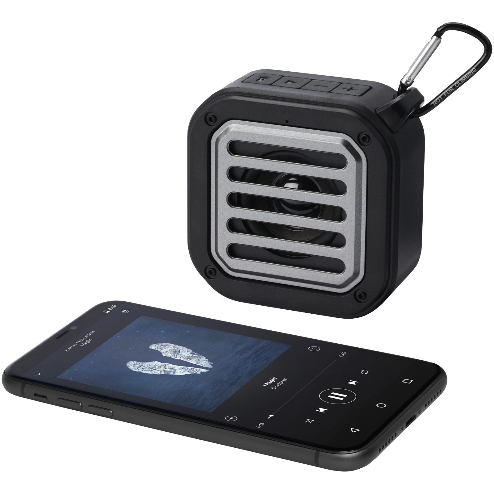 Immagine Speaker Bluetooth® IPX5 a ricarica solare in plastica riciclata RCS da 3 W con moschettone Solo 