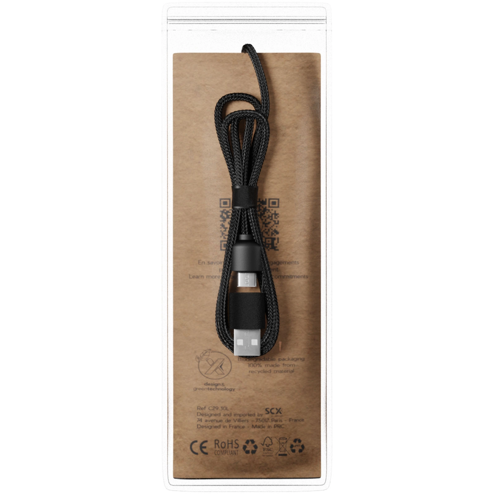 Immagine Cavo di ricarica 5 in 1 in rPET riciclato con logo luminoso e custodia rotonda in legno SCX.design C37