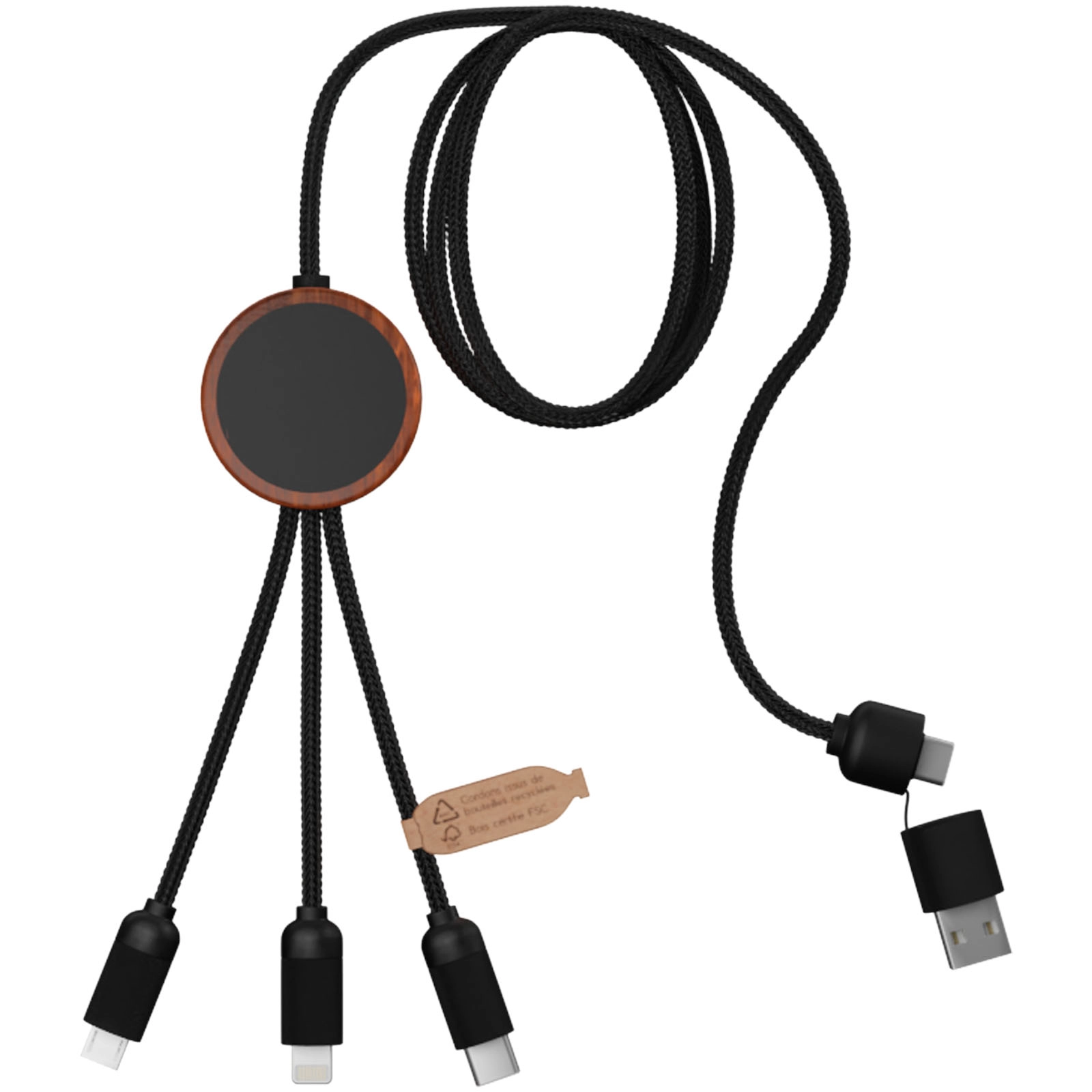 Immagine Cavo di ricarica 5 in 1 in rPET riciclato con logo luminoso e custodia rotonda in legno SCX.design C37