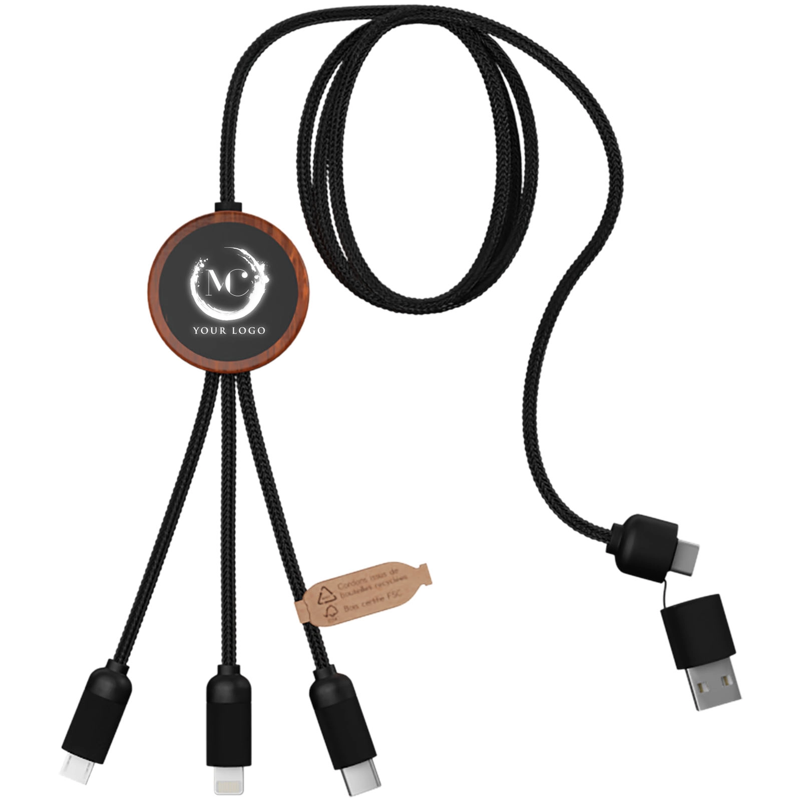 Immagine Cavo di ricarica 5 in 1 in rPET riciclato con logo luminoso e custodia rotonda in legno SCX.design C37