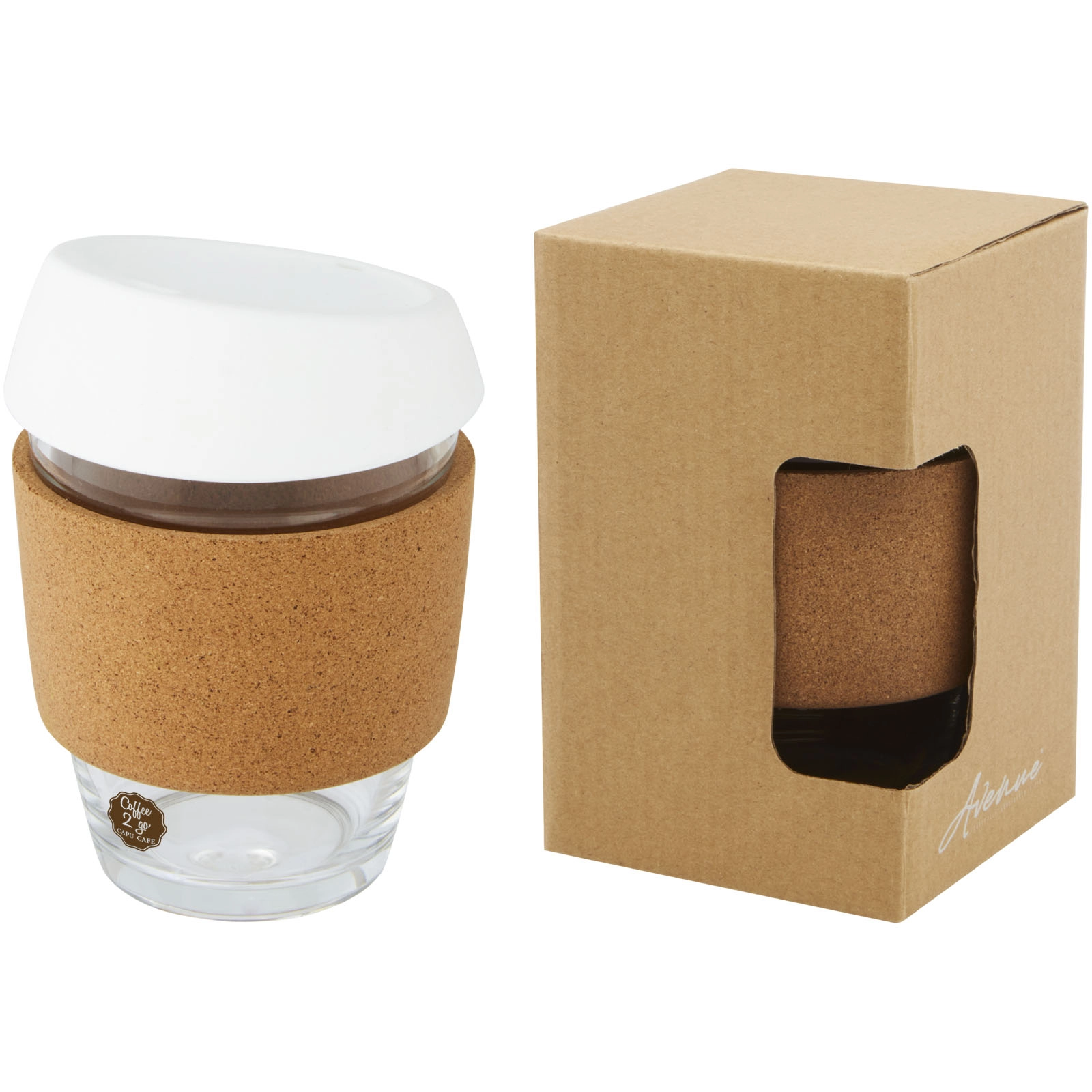 Immagine Bicchiere da 360 ml in vetro borosilicato con impugnatura in sughero e coperchio in silicone Lidan