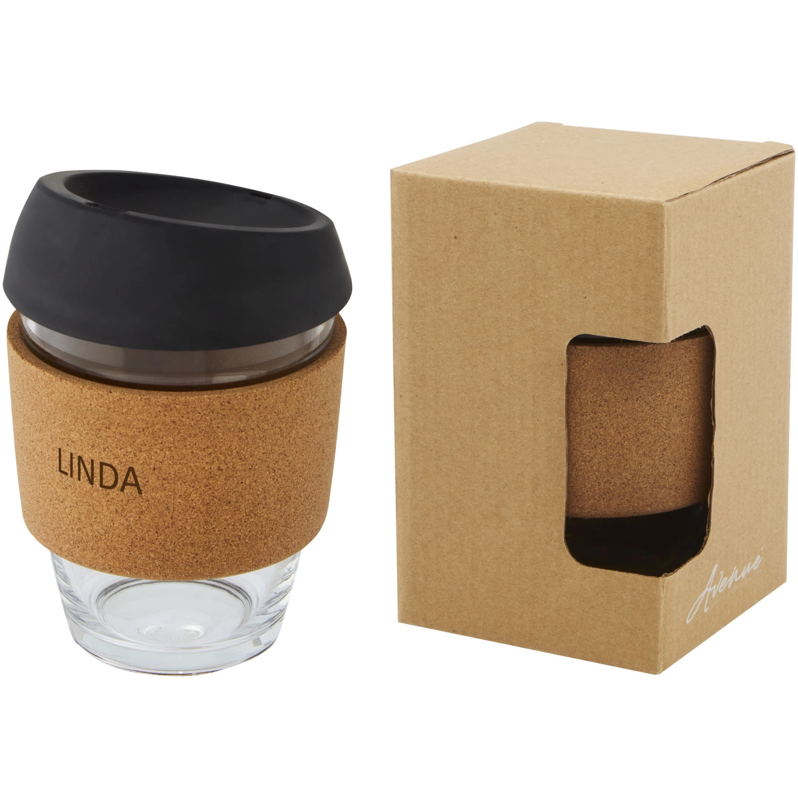 Immagine Bicchiere da 360 ml in vetro borosilicato con impugnatura in sughero e coperchio in silicone Lidan