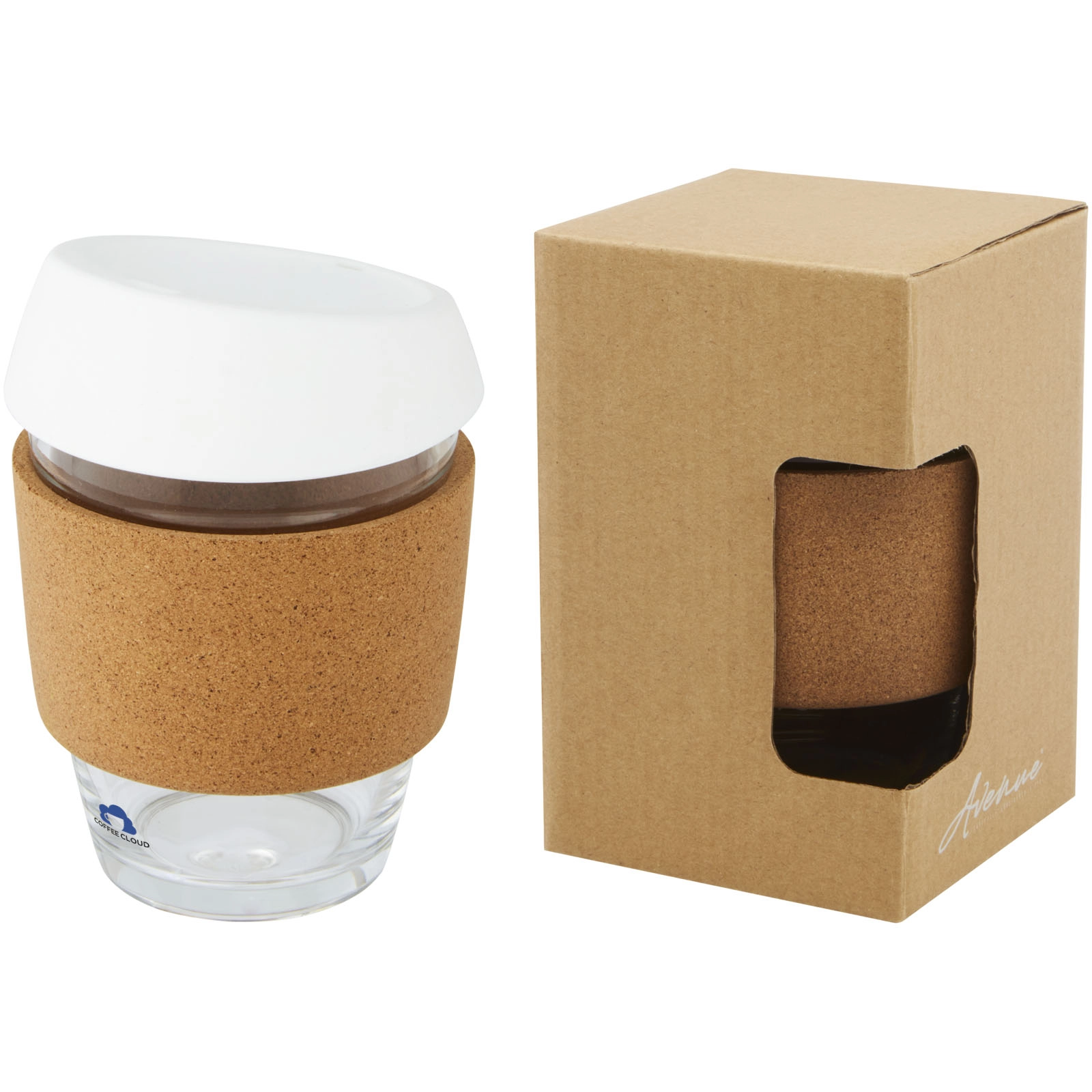 Immagine Bicchiere da 360 ml in vetro borosilicato con impugnatura in sughero e coperchio in silicone Lidan