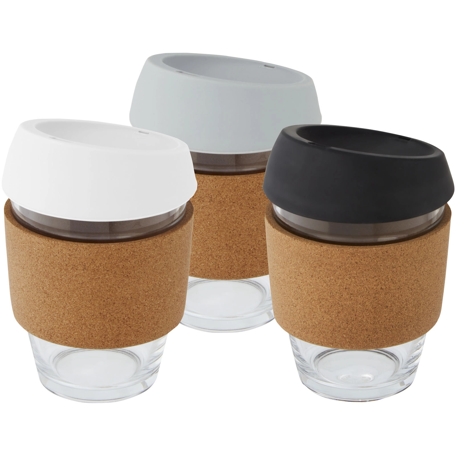 Immagine Bicchiere da 360 ml in vetro borosilicato con impugnatura in sughero e coperchio in silicone Lidan