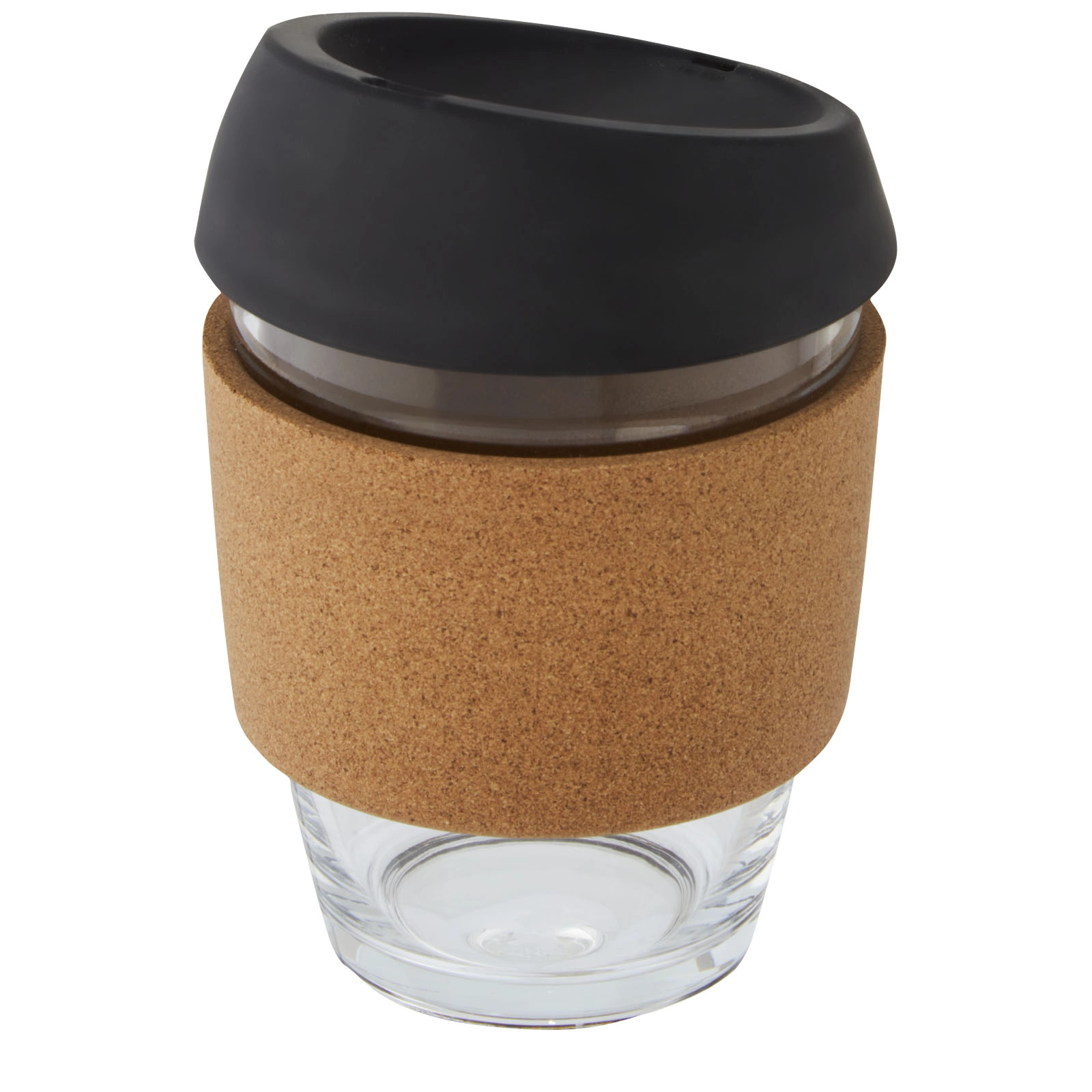 Immagine Bicchiere da 360 ml in vetro borosilicato con impugnatura in sughero e coperchio in silicone Lidan