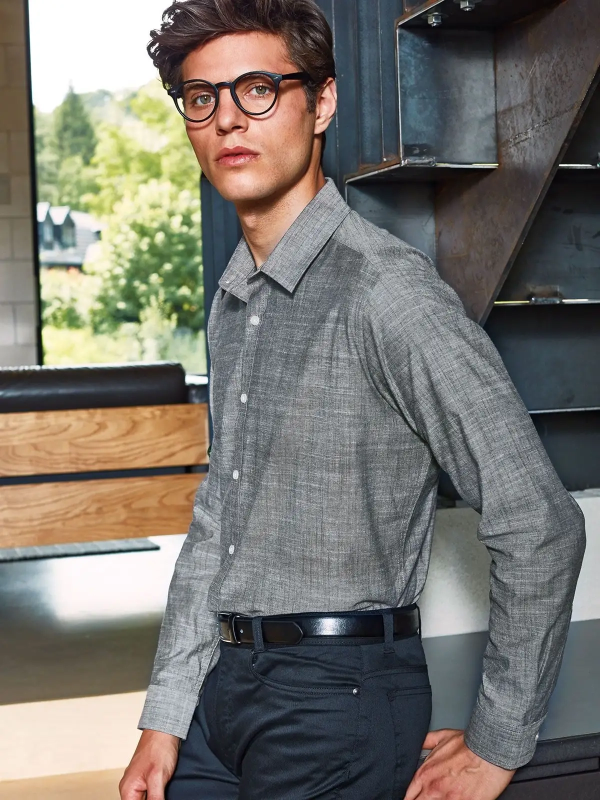 Immagine Men's Cotton Slub Chambray Long Sleeve Shirt