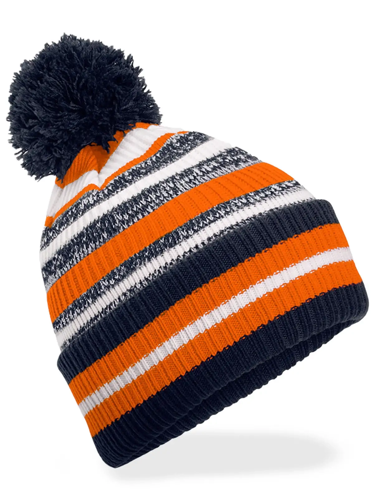 Immagine Berretto a righe multi -colore, maglia a doppio strato, con pom-pom a tinta unita - Multi-Sport Fan Beanie