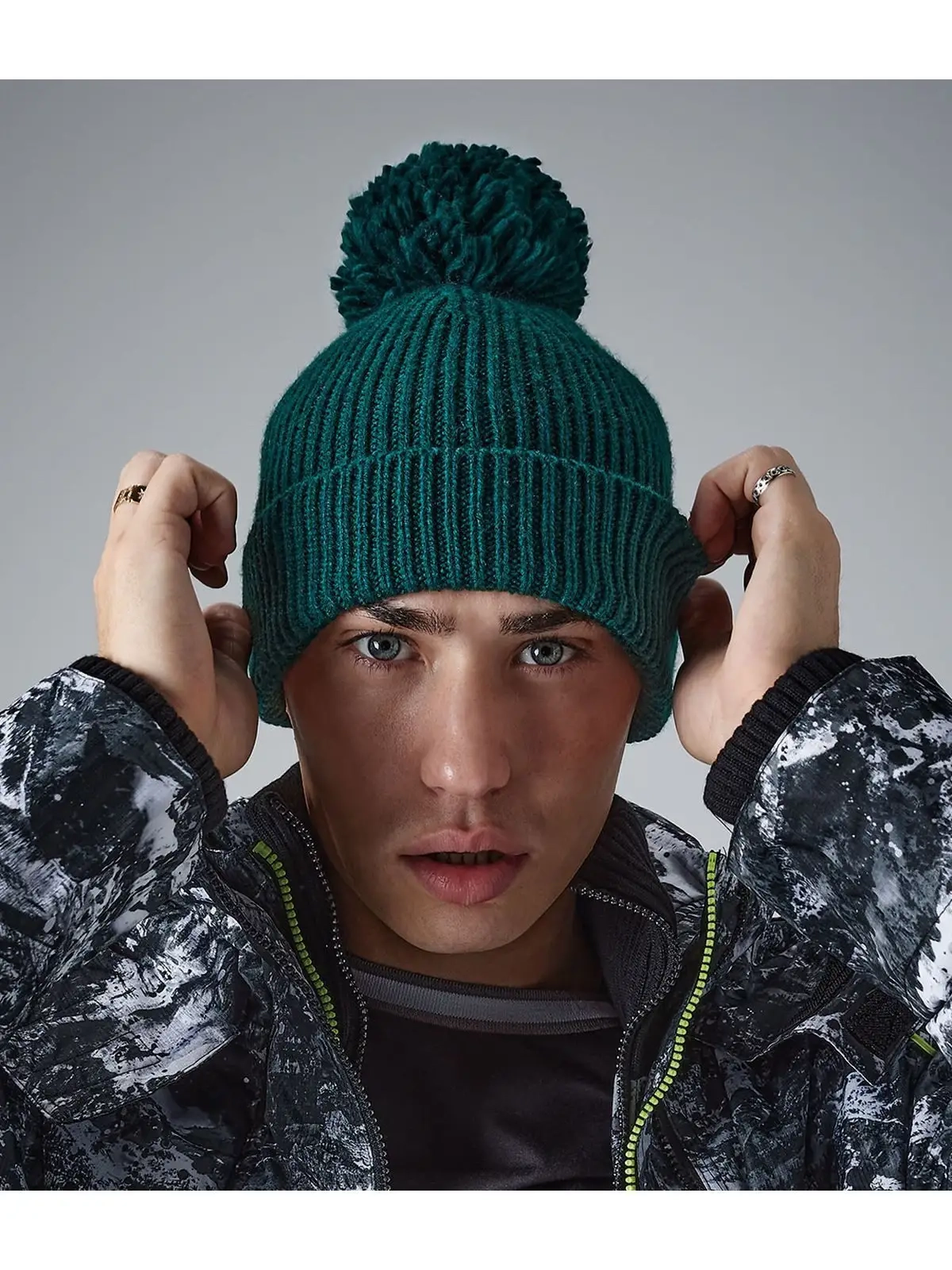 Immagine Engineered Knit Ribbed Pom Pom Beanie