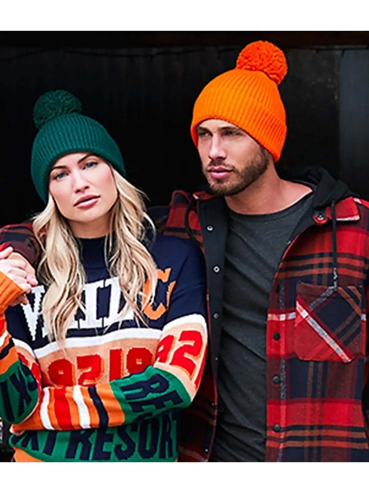 Immagine Engineered Knit Ribbed Pom Pom Beanie