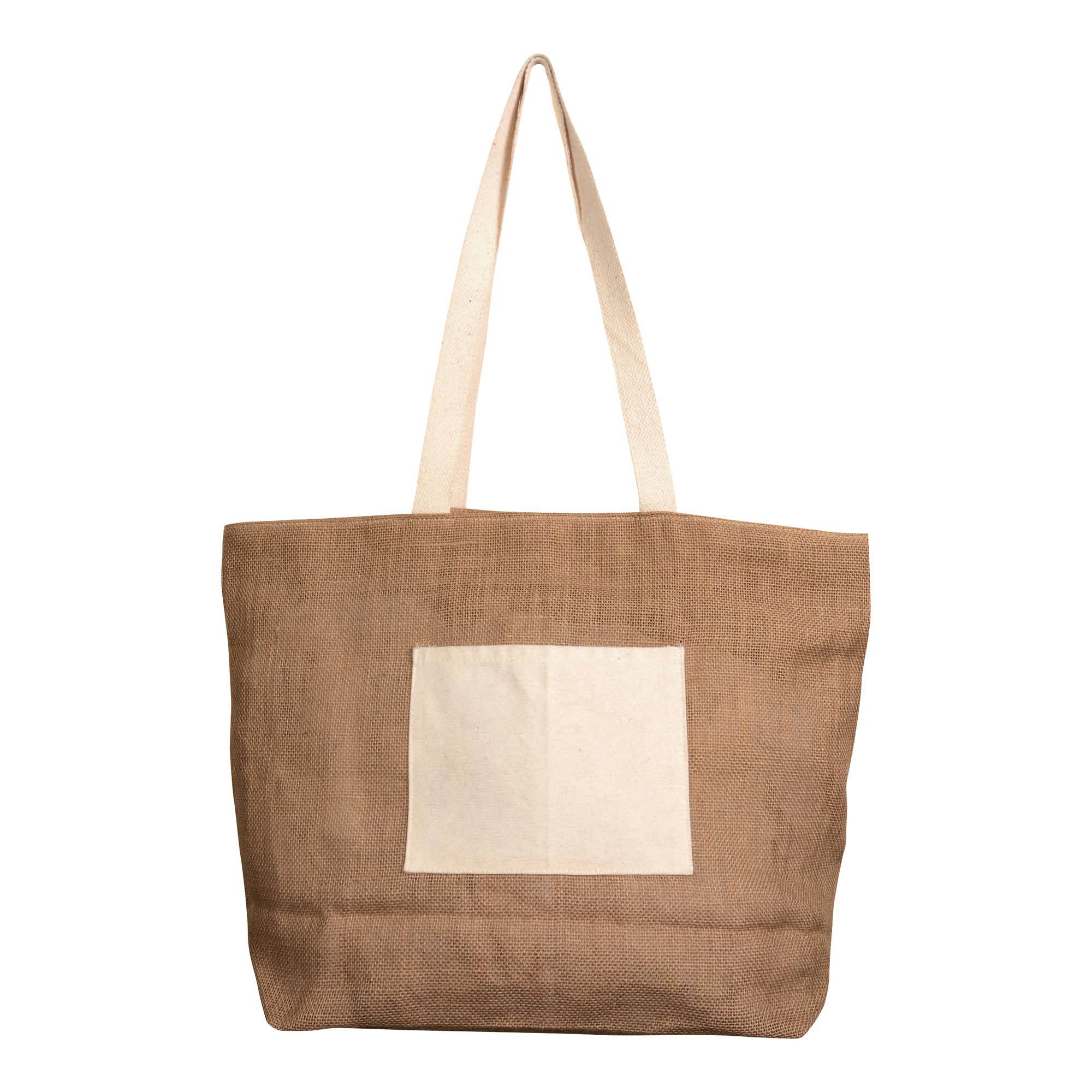 Immagine Shopper con soffietto alla base in juta con manici e tasca esterna (18 x 15 cm) in cotone