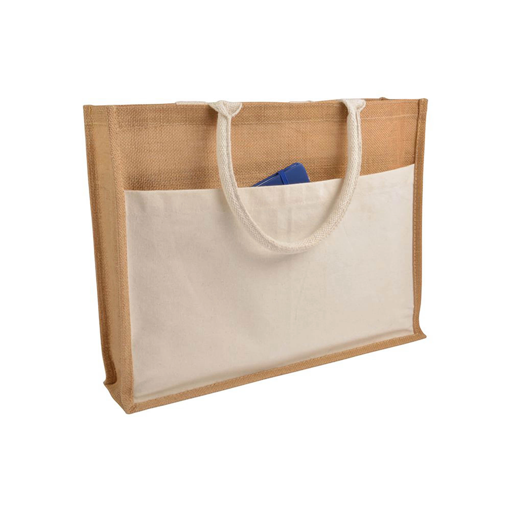Immagine Shopper con soffietto in Juta con interno cerato, manici e tasca esterna in cotone