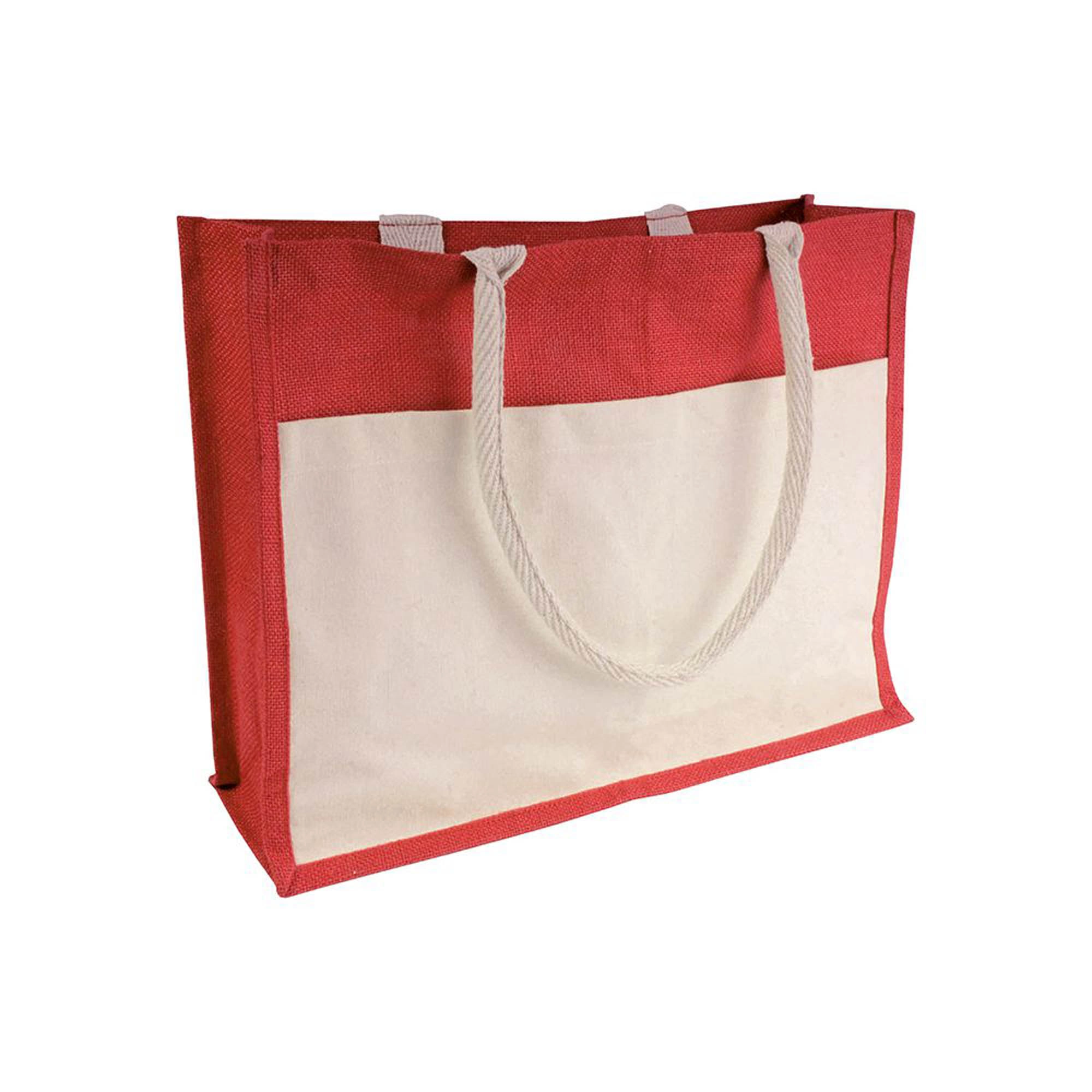 Immagine Borsa in juta con interno in PVC, soffietto, manici lunghi e tasca esterna