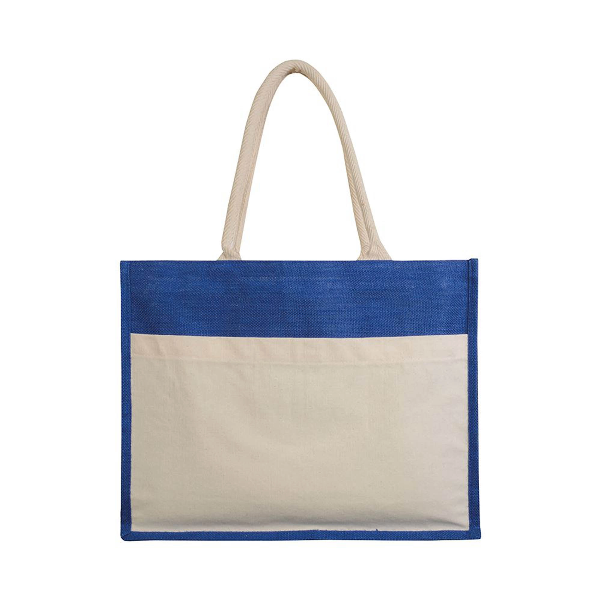 Immagine Borsa in juta con interno in PVC, soffietto, manici lunghi e tasca esterna