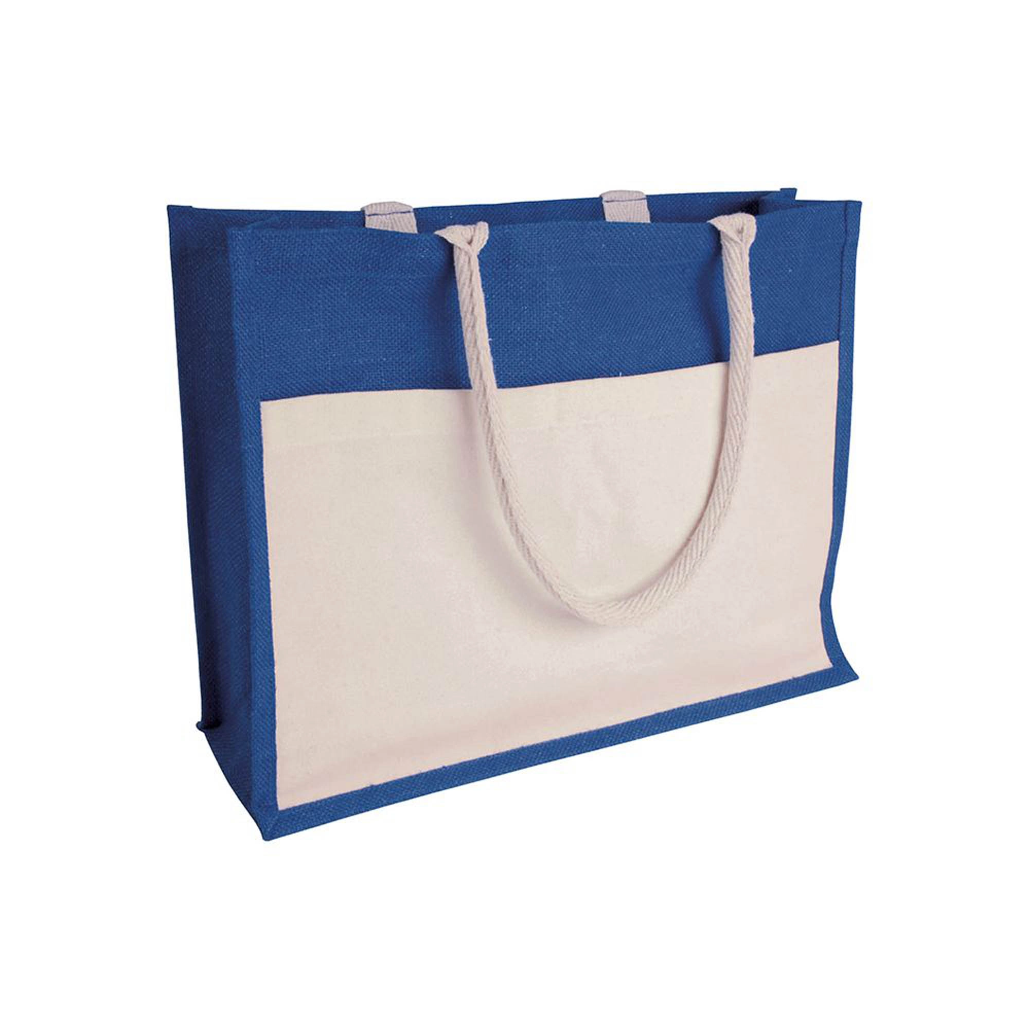 Immagine Borsa in juta con interno in PVC, soffietto, manici lunghi e tasca esterna