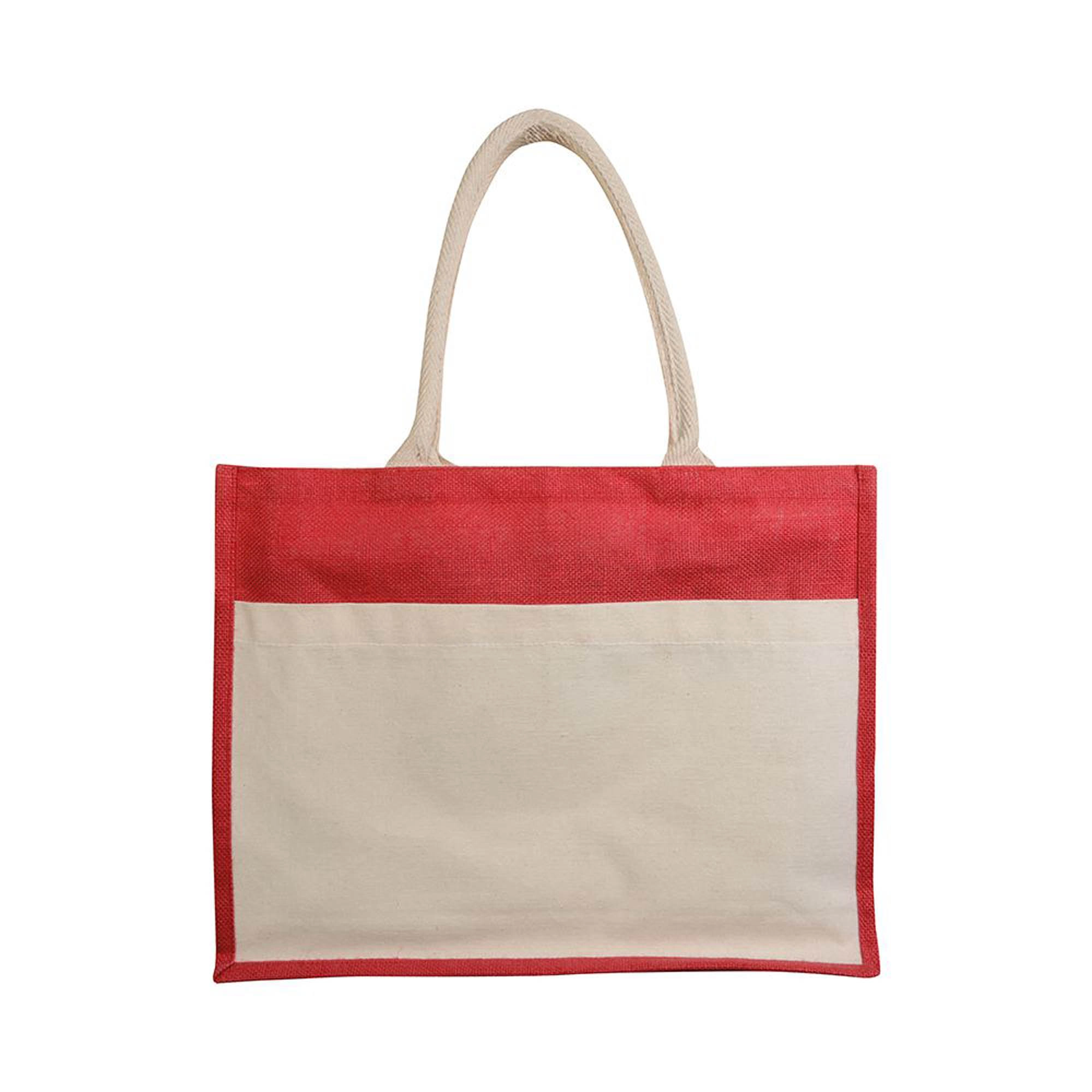 Immagine Borsa in juta con interno in PVC, soffietto, manici lunghi e tasca esterna