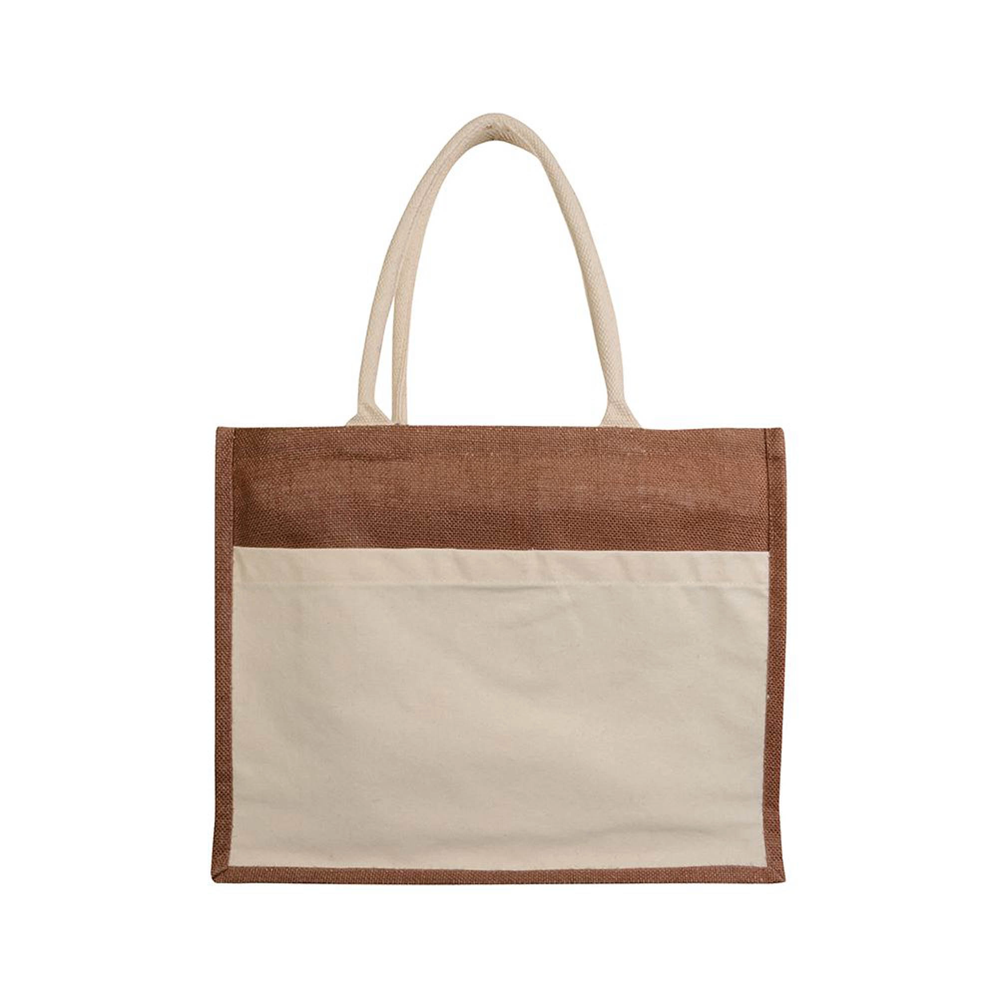 Immagine Borsa in juta con interno in PVC, soffietto, manici lunghi e tasca esterna