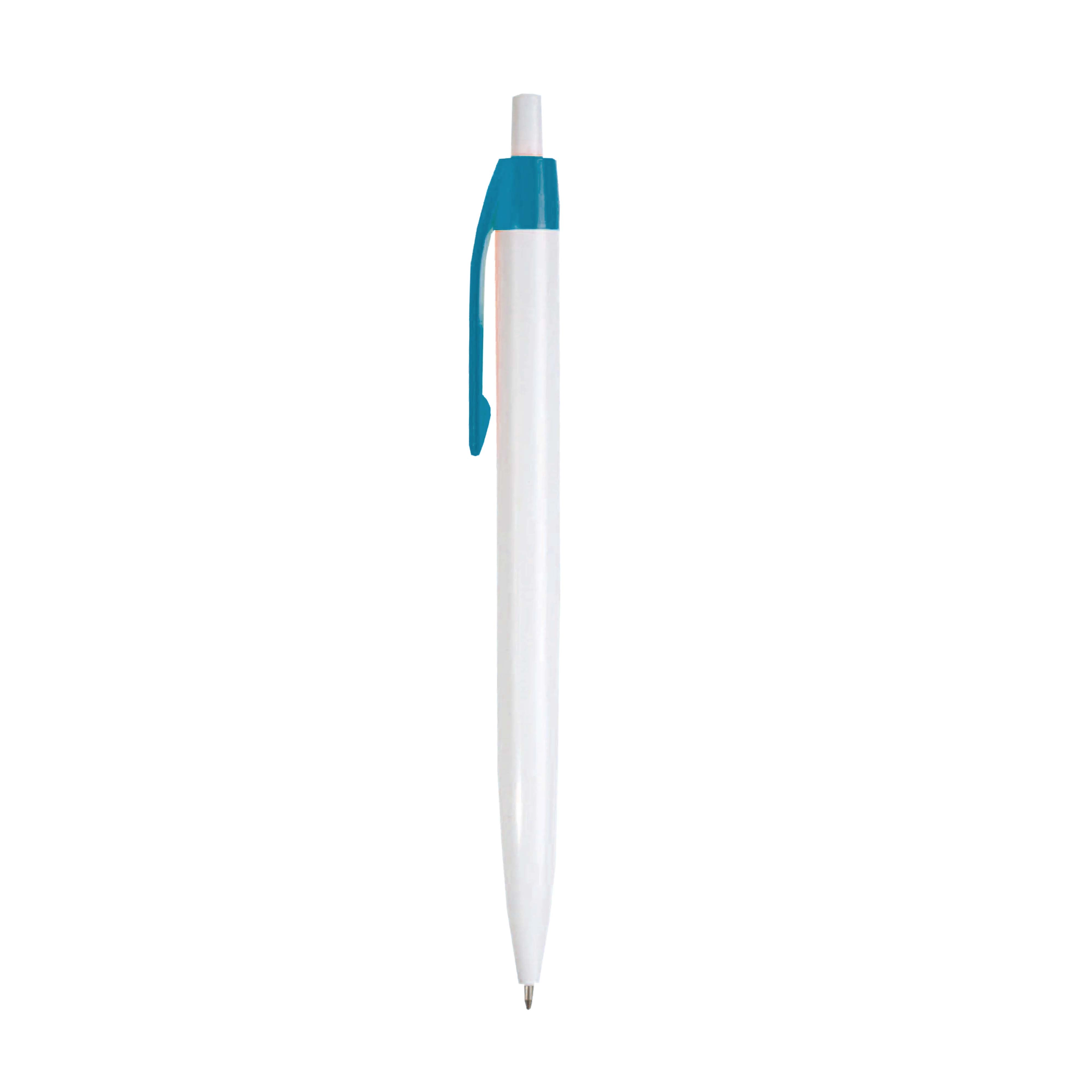 Immagine Penna a scatto in plastica, fusto bianco e clip colorata