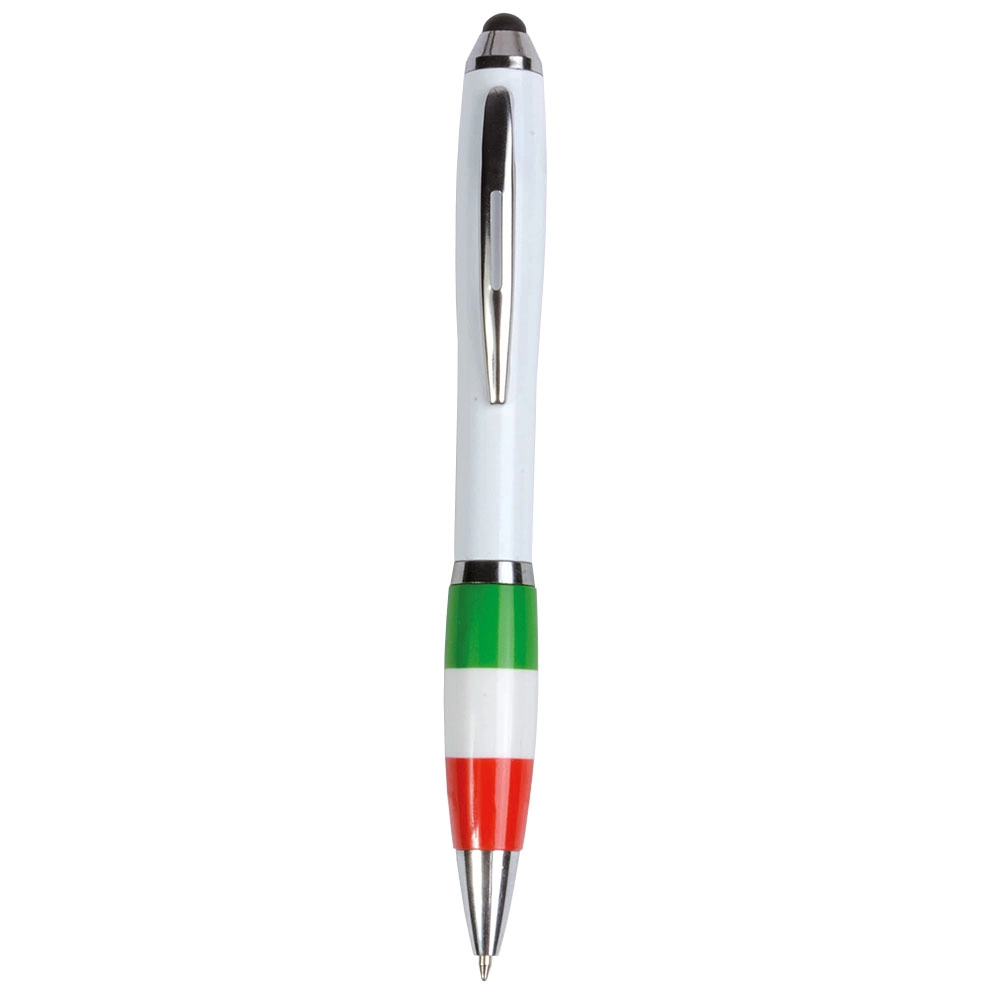 Immagine Penna twist in plastica con fusto bianco, impugnatura tricolore e gommino per touch screen