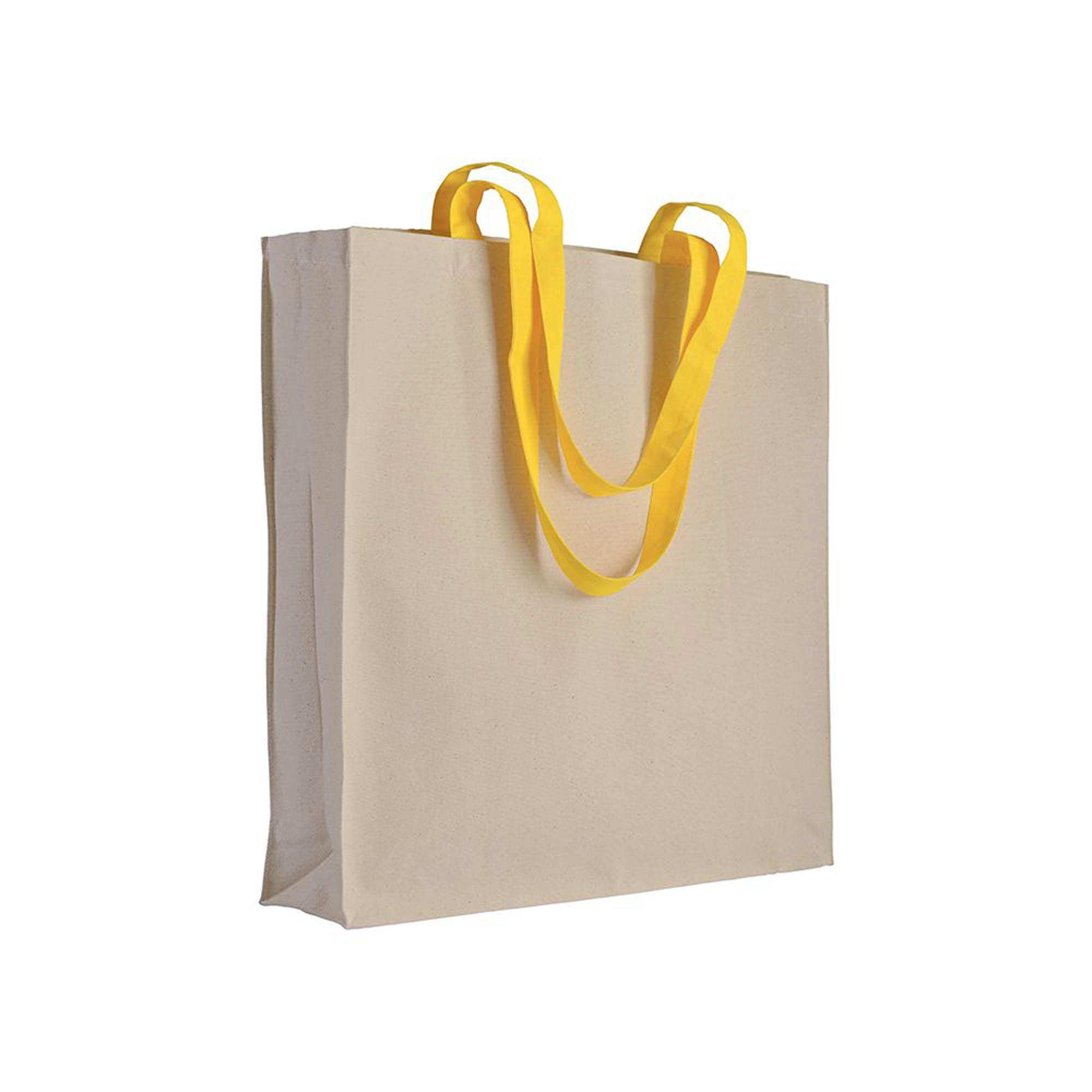 Immagine Shopper con soffietto in cotone naturale 220 g/m2, manici lunghi colorati