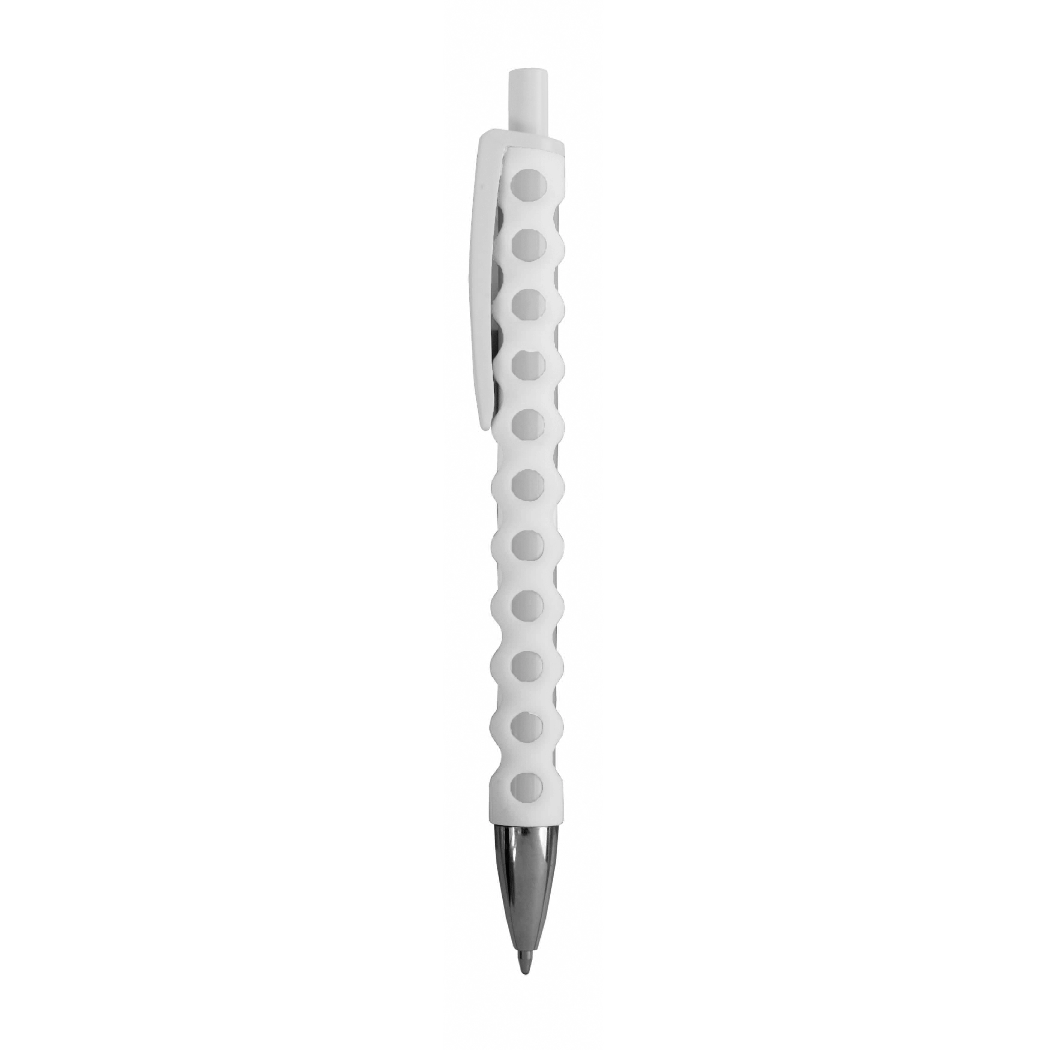 Immagine Penna a scatto in plastica con fusto, clip e pulsante bianchi, rivestimento gommato