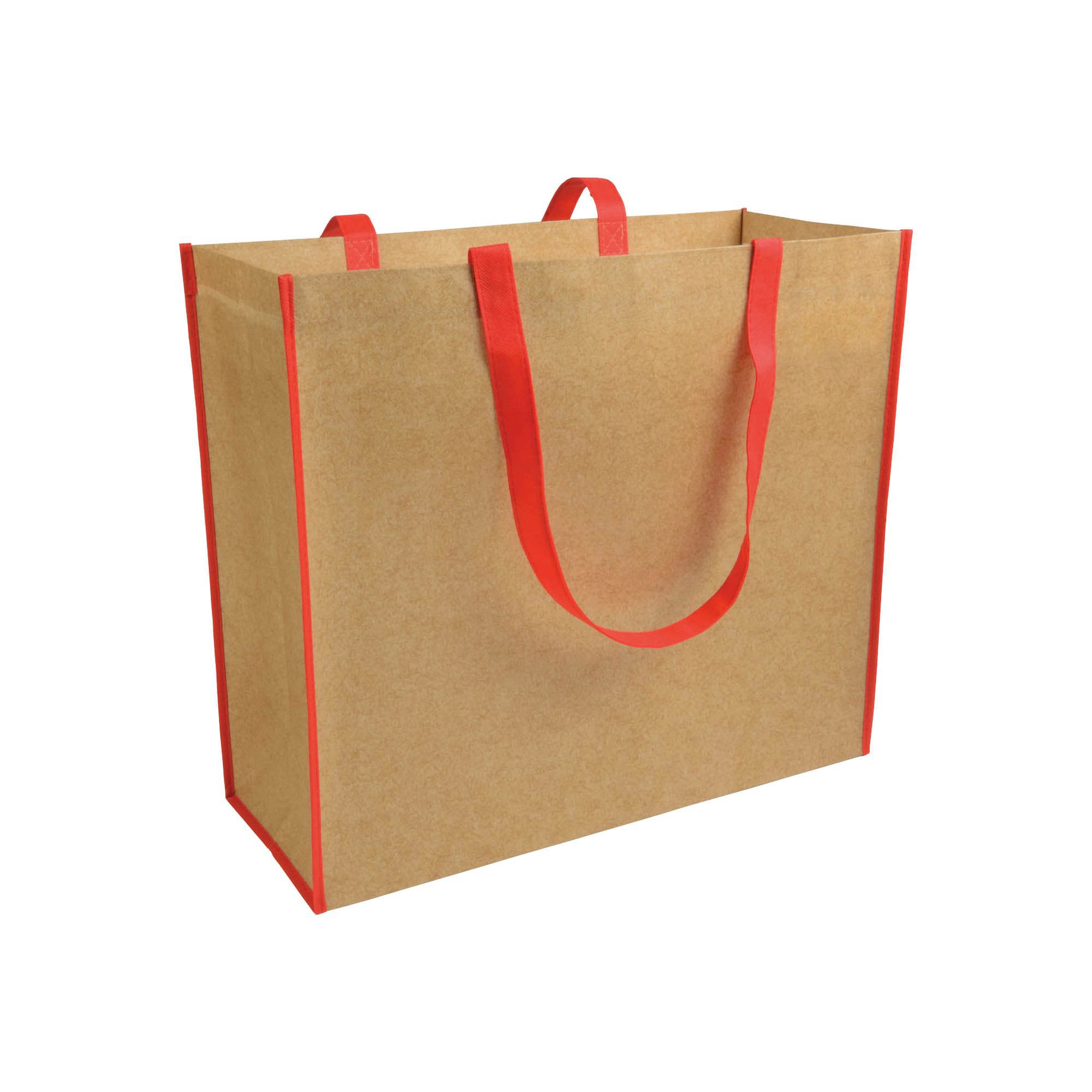 Immagine Shopper con soffietto in TNT laminato, manici lunghi a nastro colorati