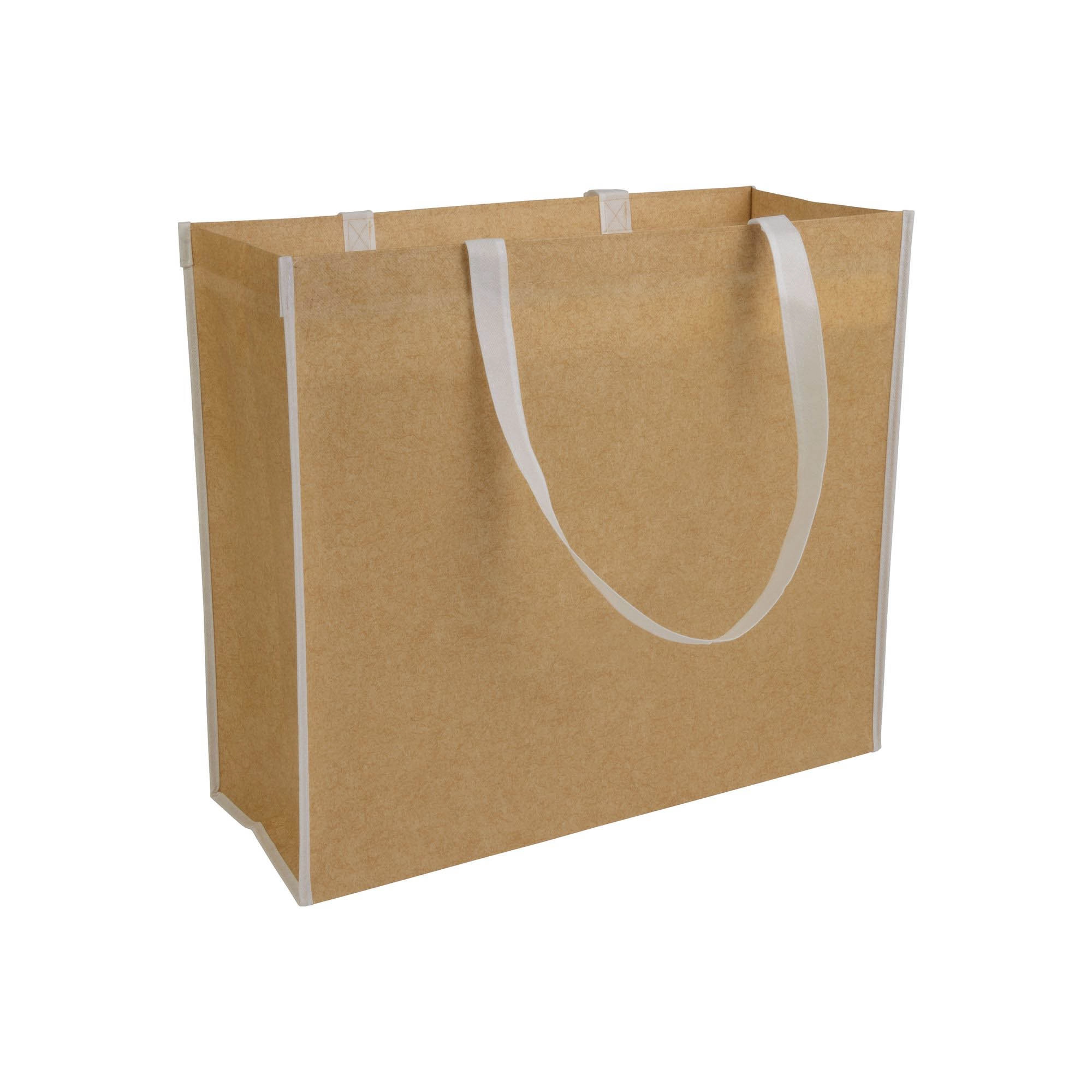 Immagine Shopper con soffietto in TNT laminato, manici lunghi a nastro colorati