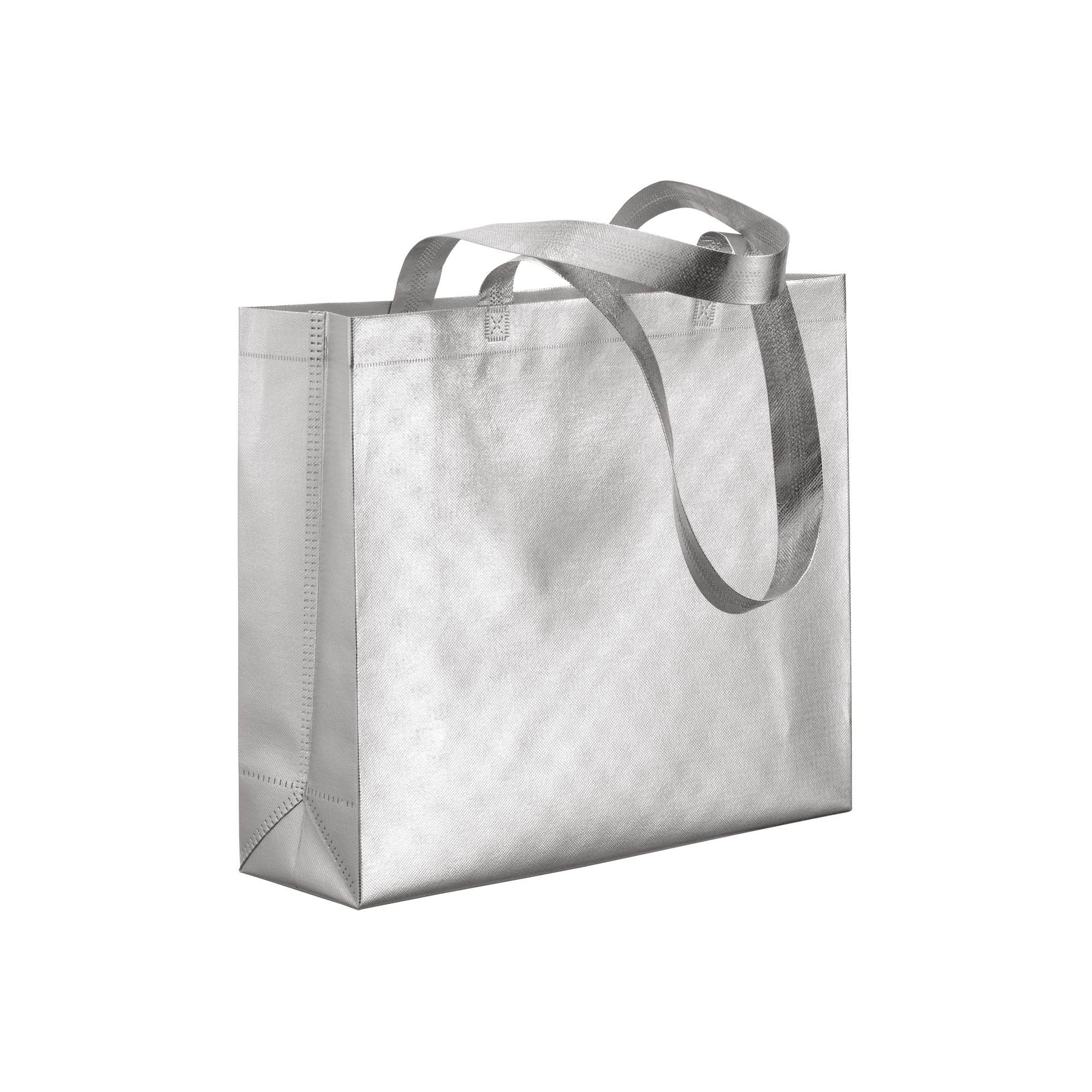 Immagine Shopper in TNT laminato metallizzata, manici lunghi e soffietto