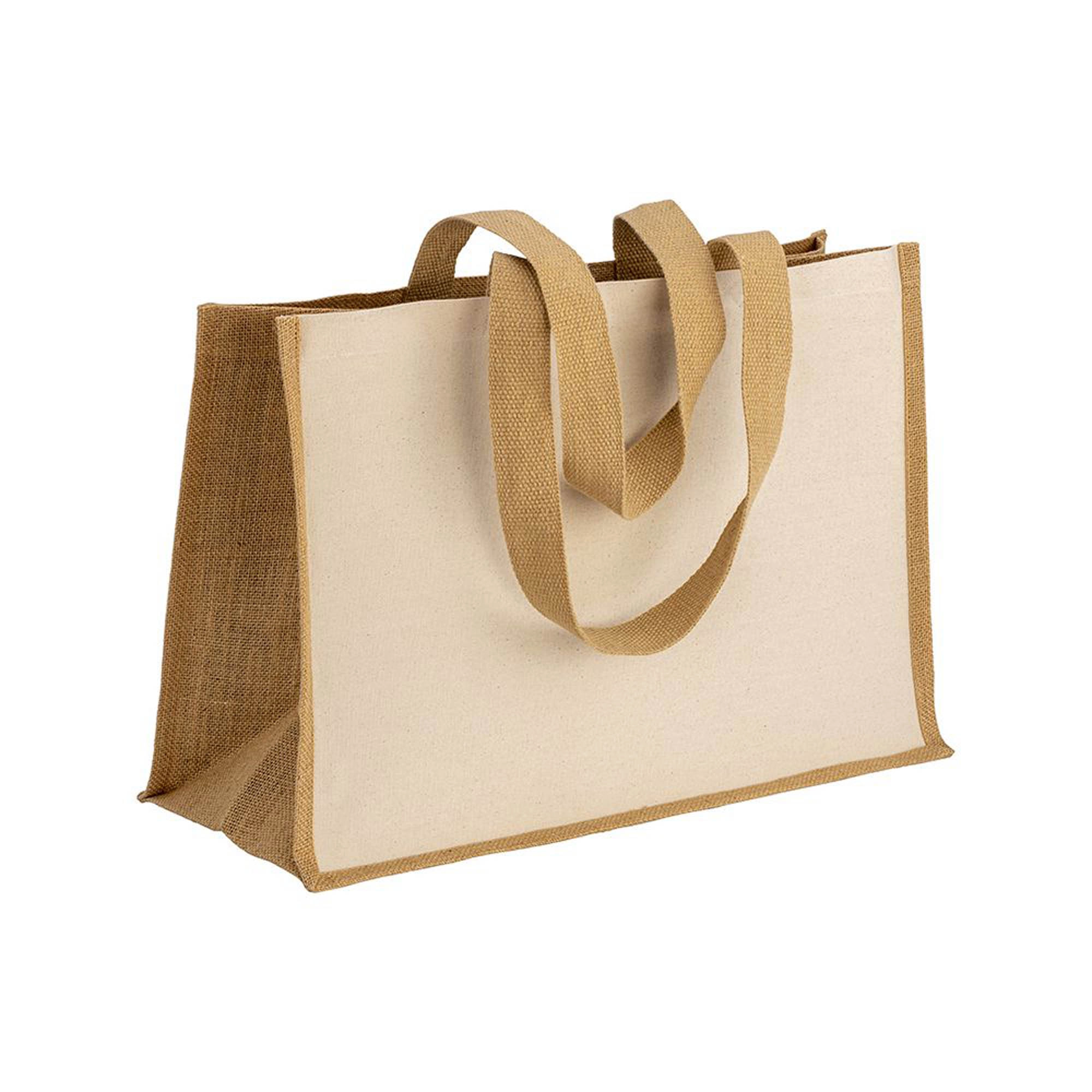 Immagine Shopper in cotone 280 g/m2 con soffietto dettagli in juta, manici lunghi