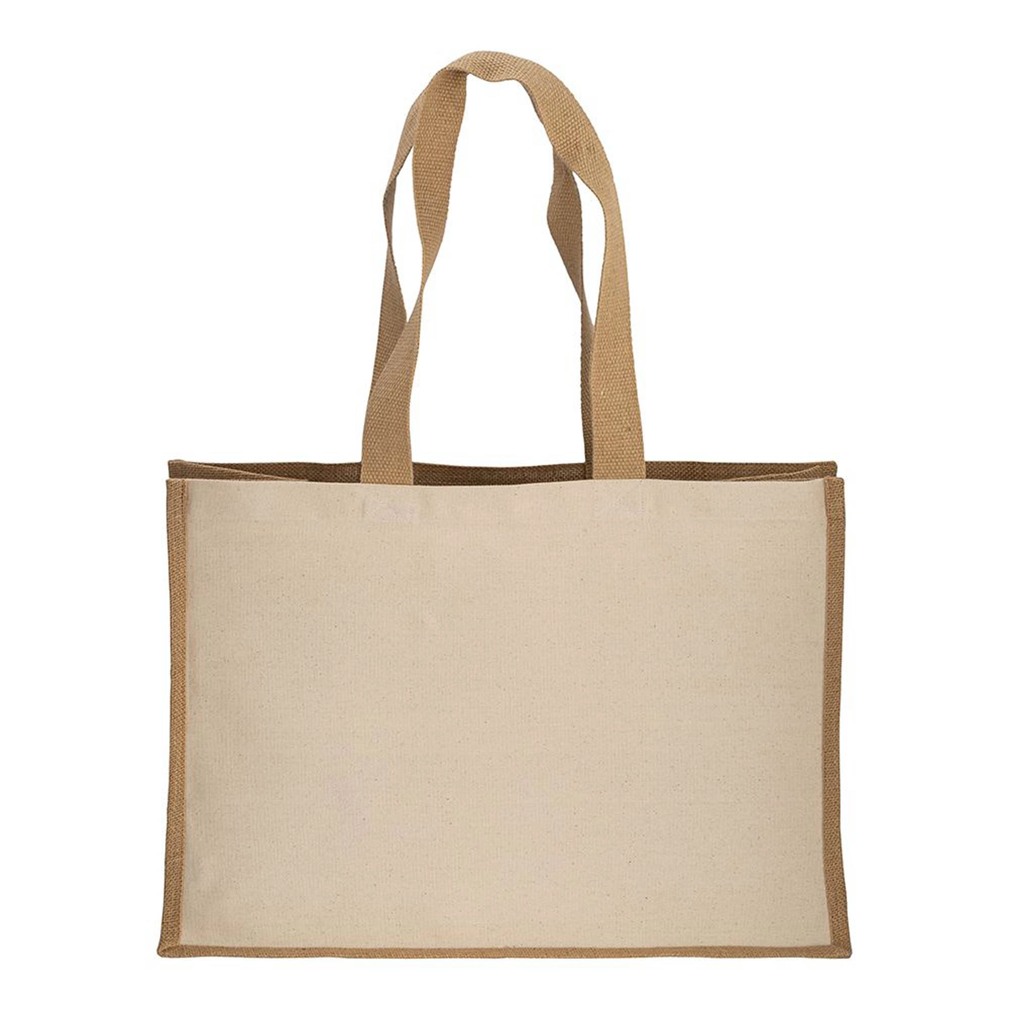 Immagine Shopper in cotone 280 g/m2 con soffietto dettagli in juta, manici lunghi