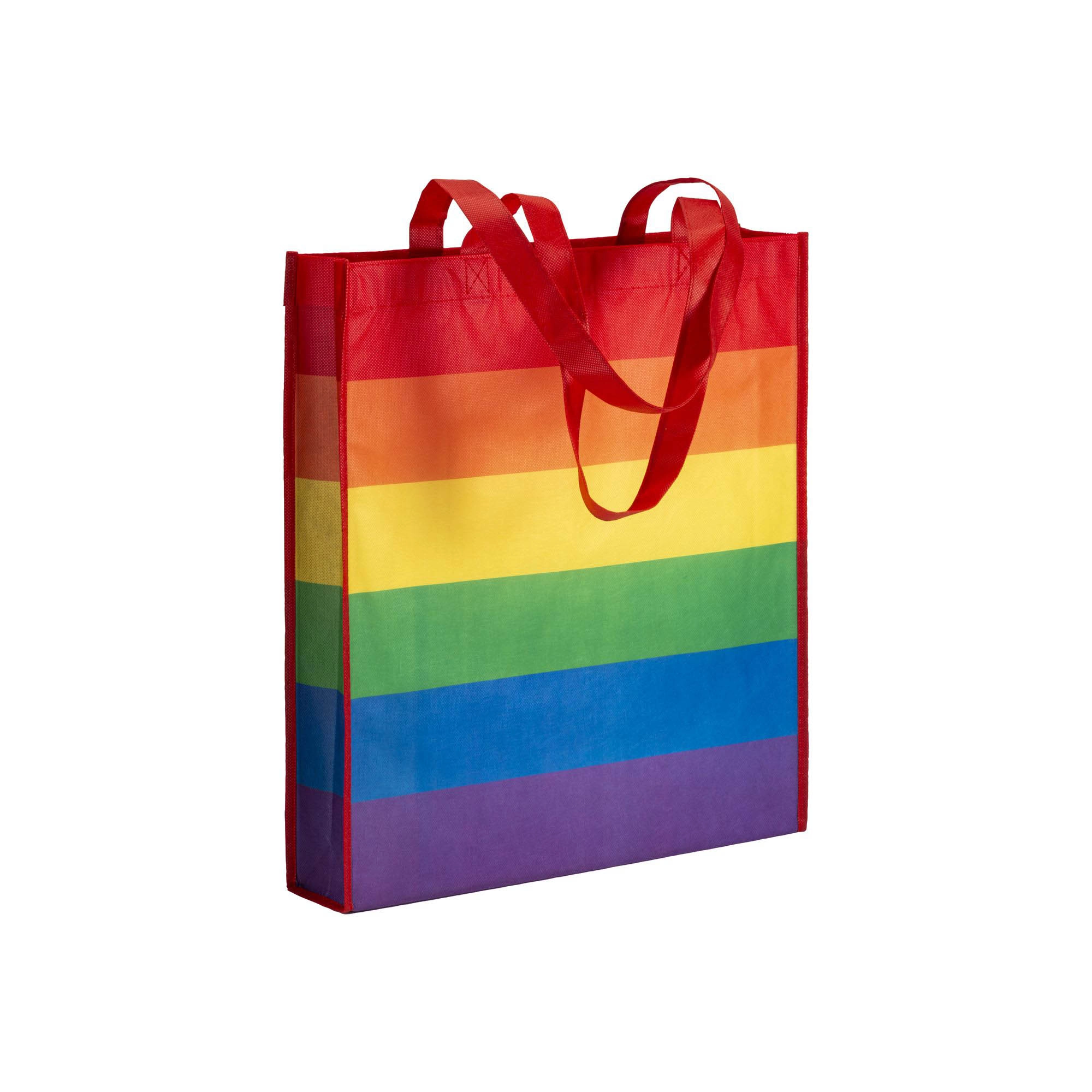 Immagine Shopper arcobaleno in r-pet 80g/m2, manici lunghi e soffietto